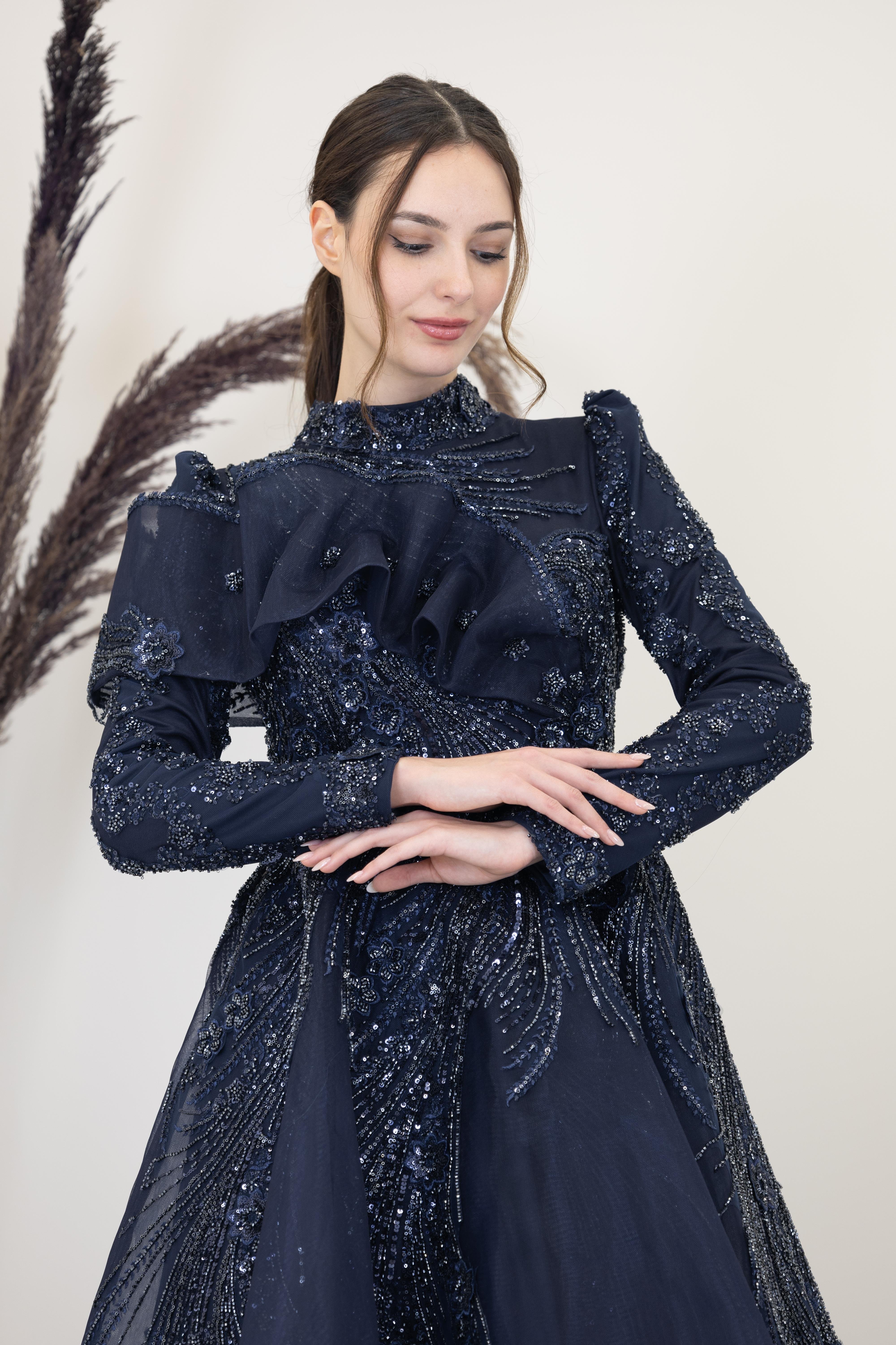 Önü Büzgü Detaylı Sara Abiye - Lacivert