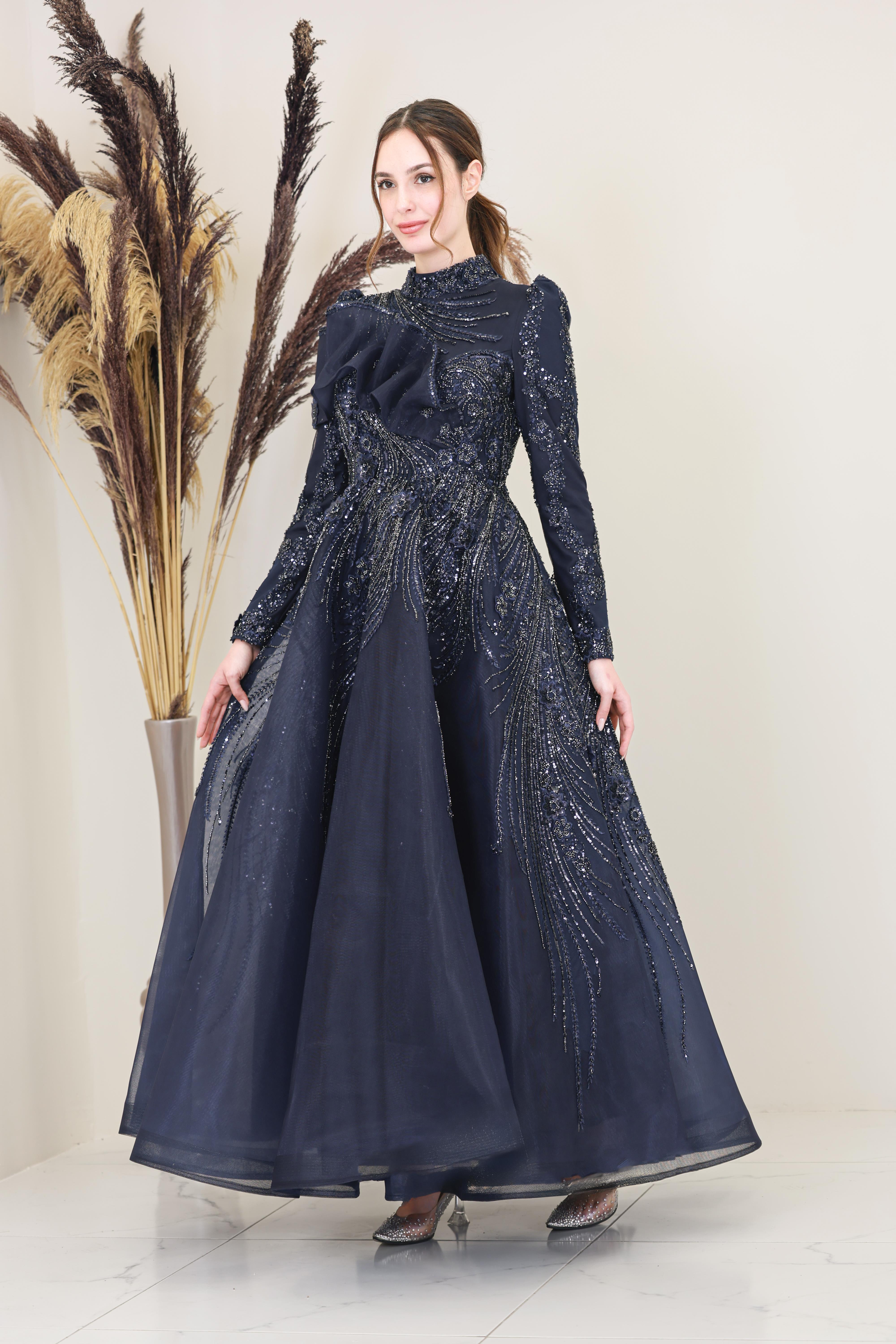 Önü Büzgü Detaylı Sara Abiye - Lacivert