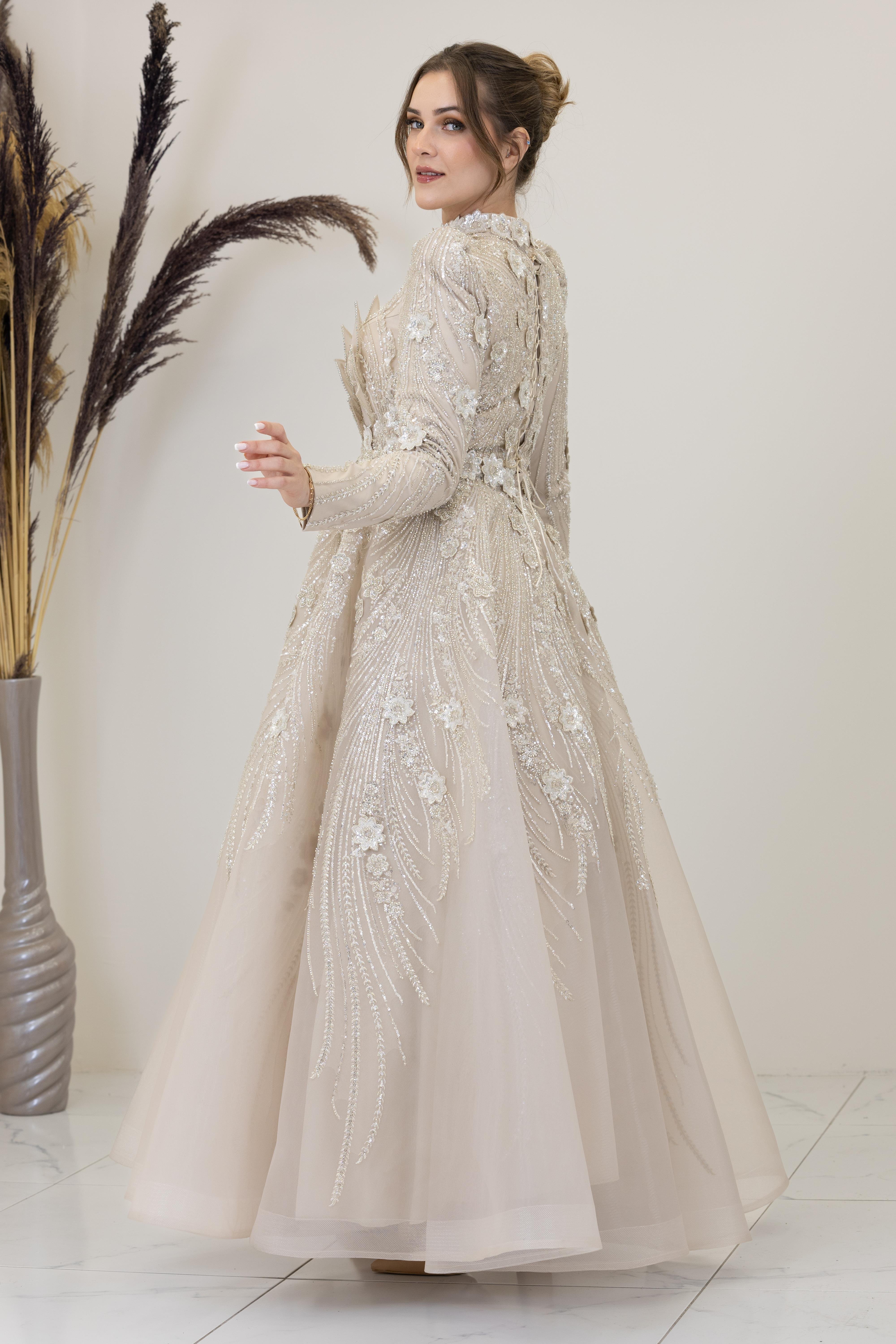 Önü Çiçek İşlemeli Lotus Abiye - Taş Rengi