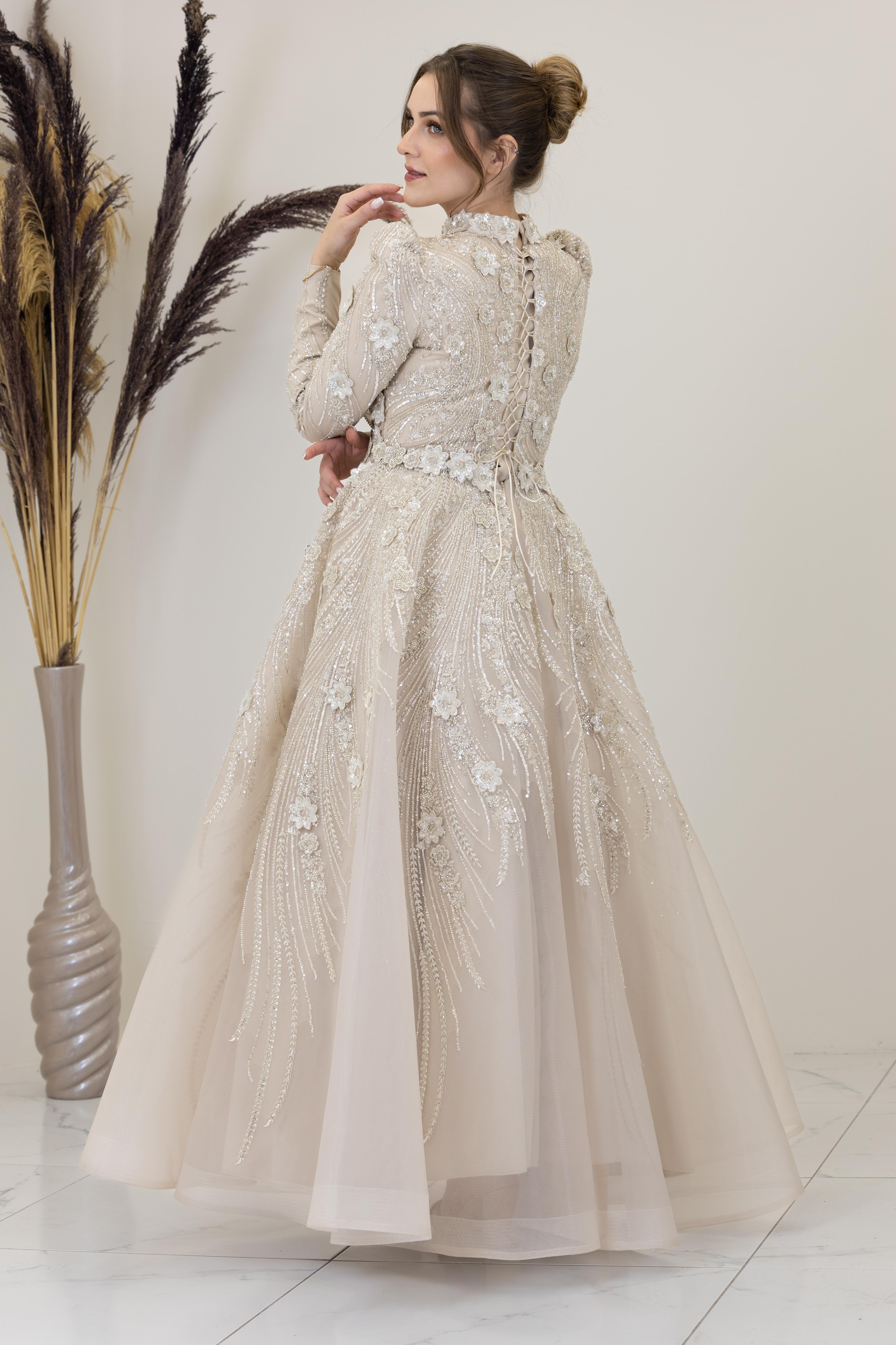 Önü Çiçek İşlemeli Lotus Abiye - Taş Rengi