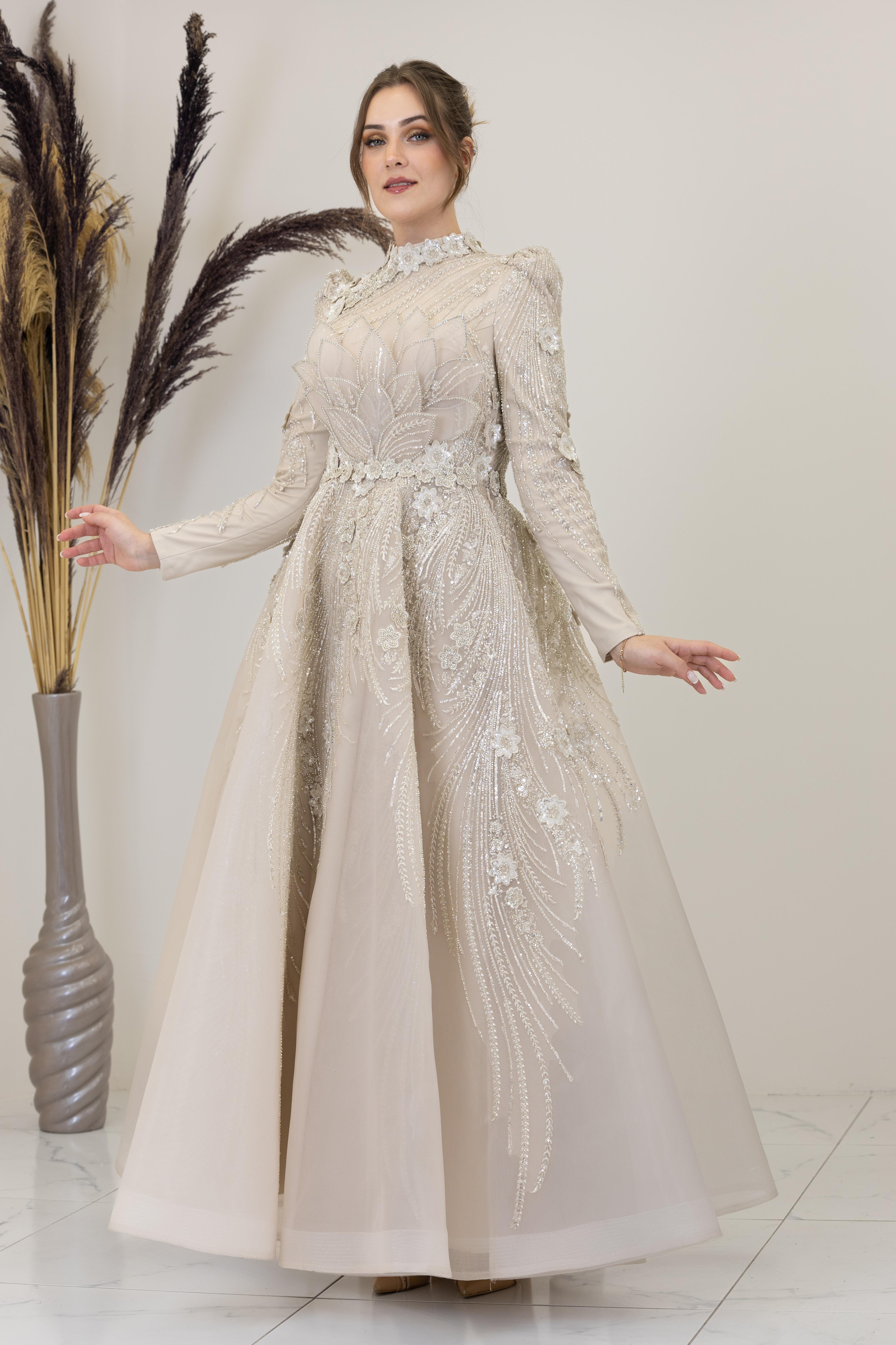 Önü Çiçek İşlemeli Lotus Abiye - Taş Rengi