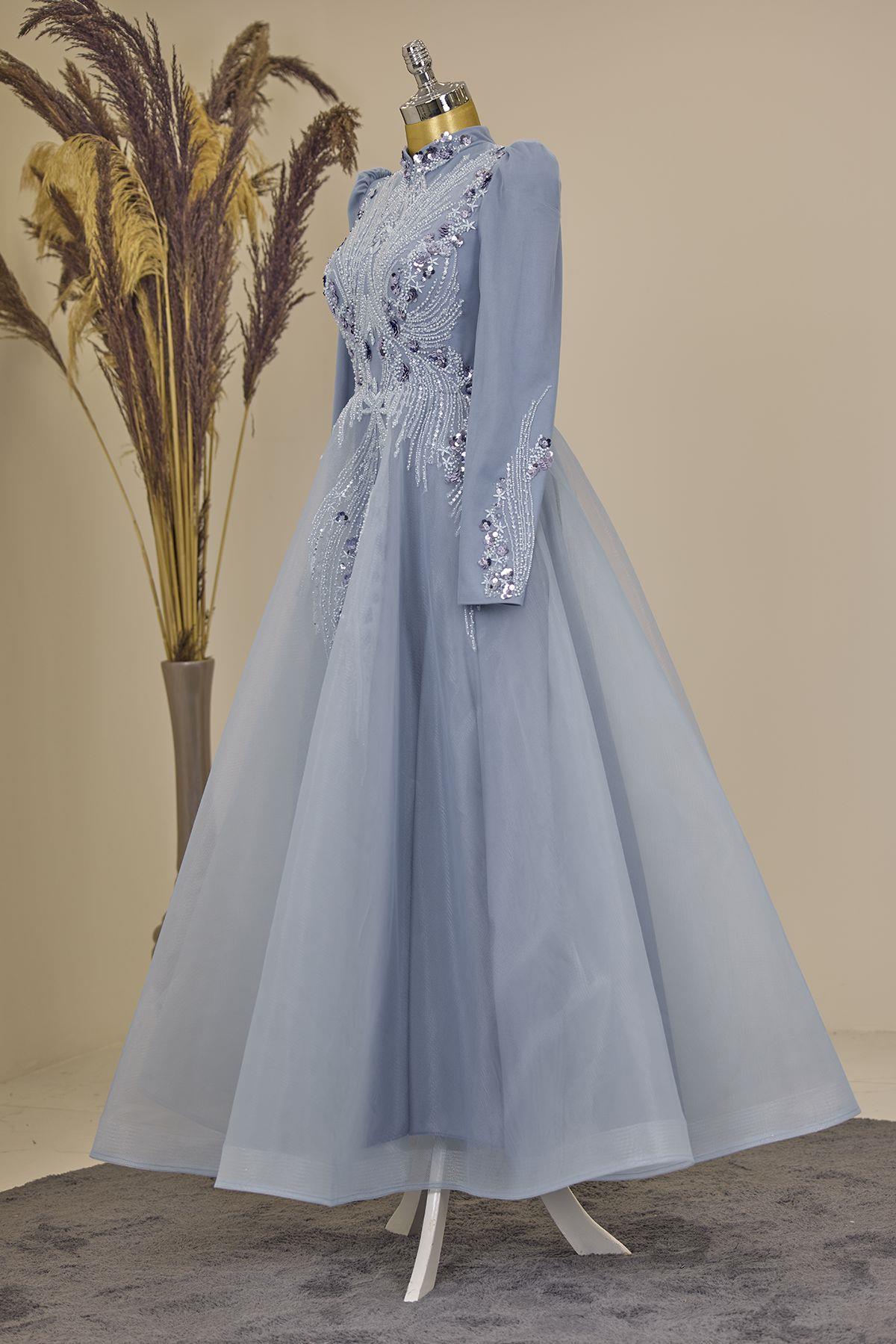 Önü Drapeli Aplik İşlemeli Asya  Abiye - Bebe Mavisi