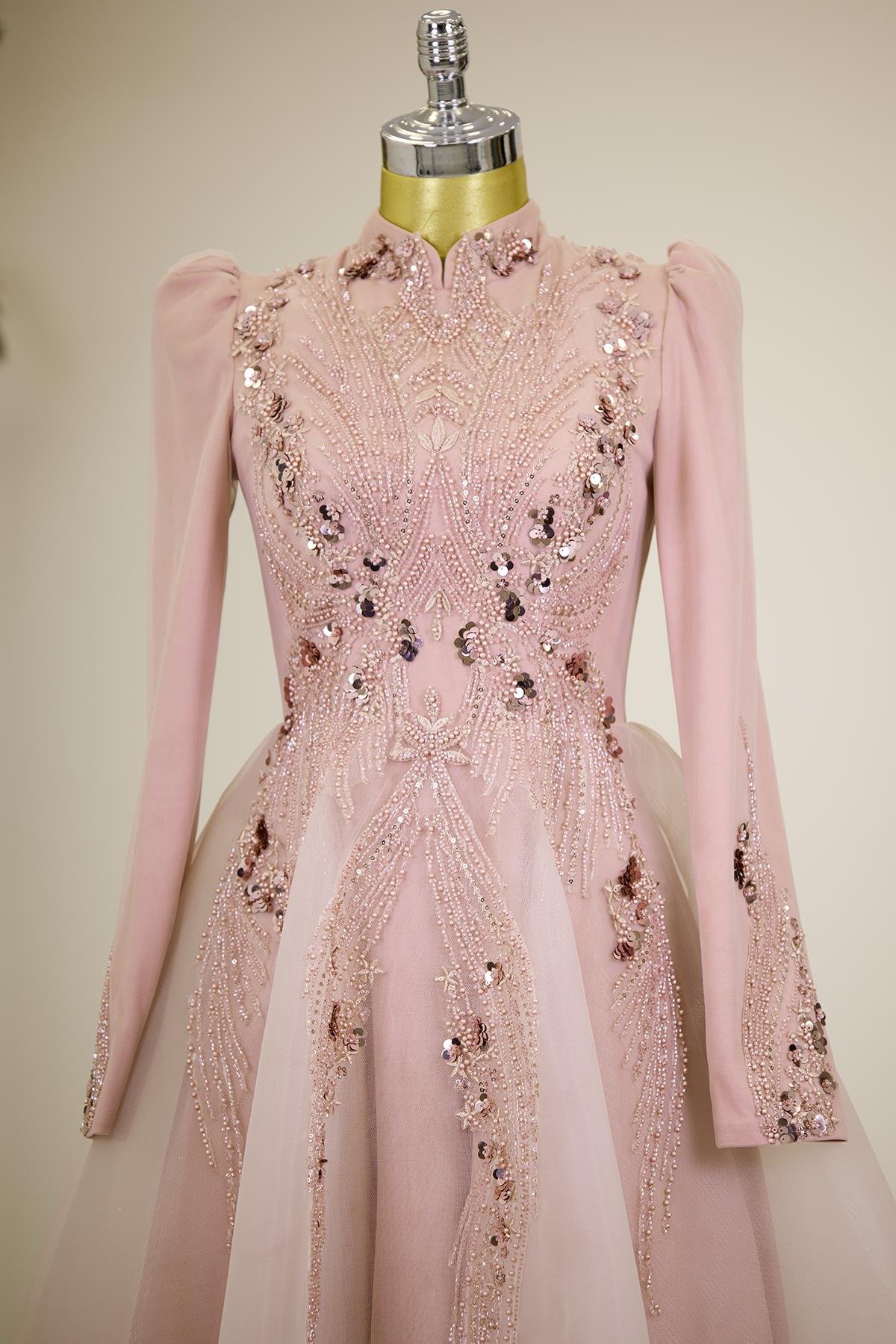 Önü Drapeli Aplik İşlemeli Asya  Abiye - Somon