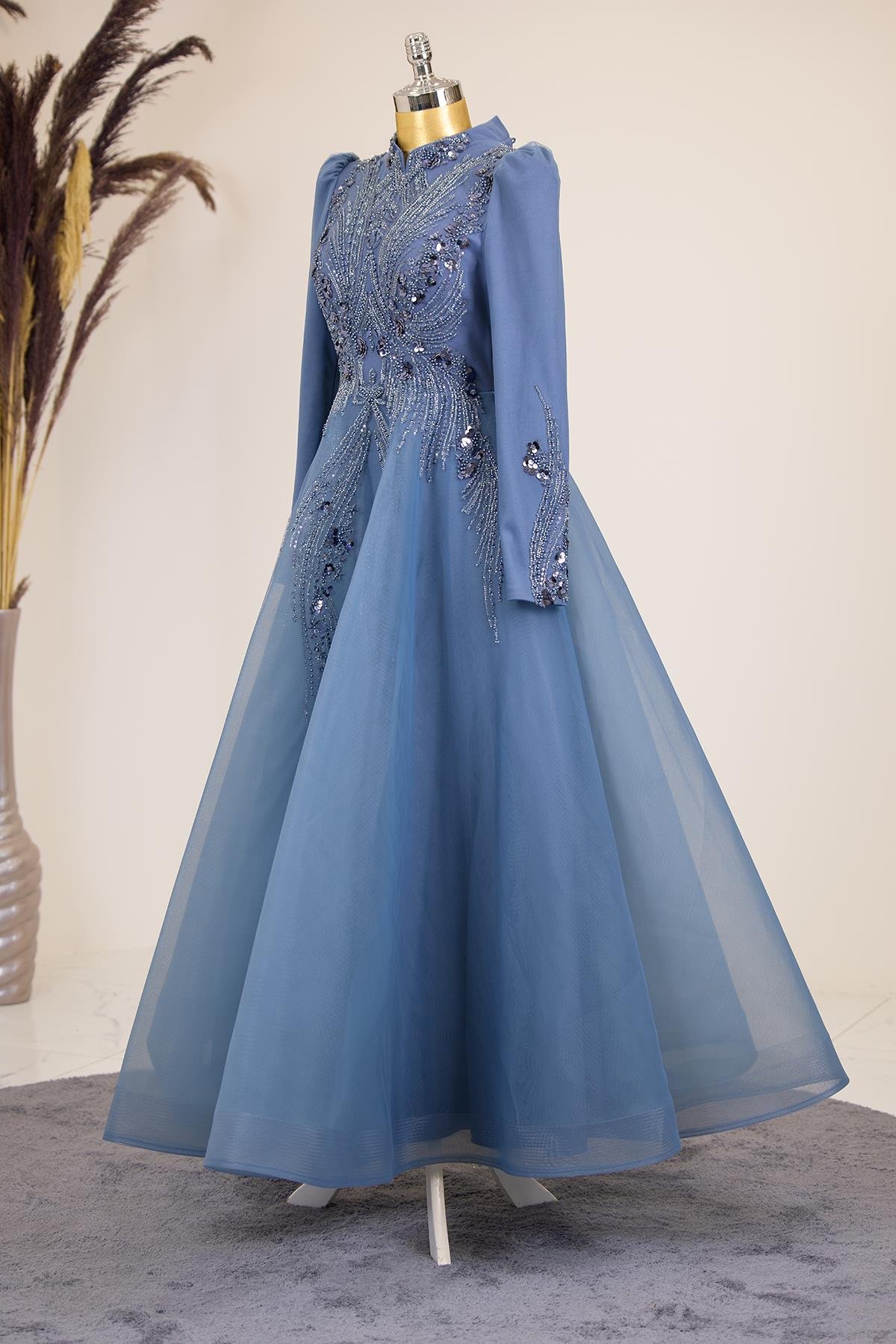 Önü Drapeli Aplik İşlemeli Asya  Abiye - İndigo