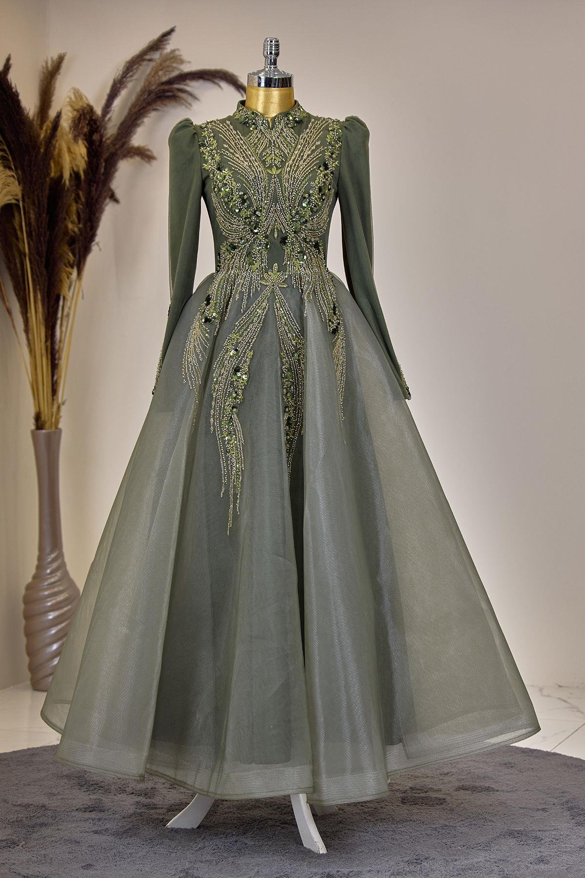 Önü Drapeli Aplik İşlemeli Asya  Abiye - Haki