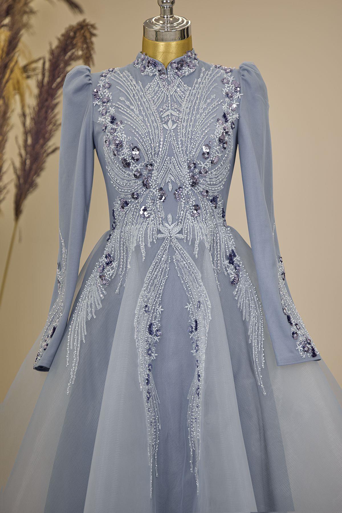 Önü Drapeli Aplik İşlemeli Asya  Abiye - Bebe Mavisi