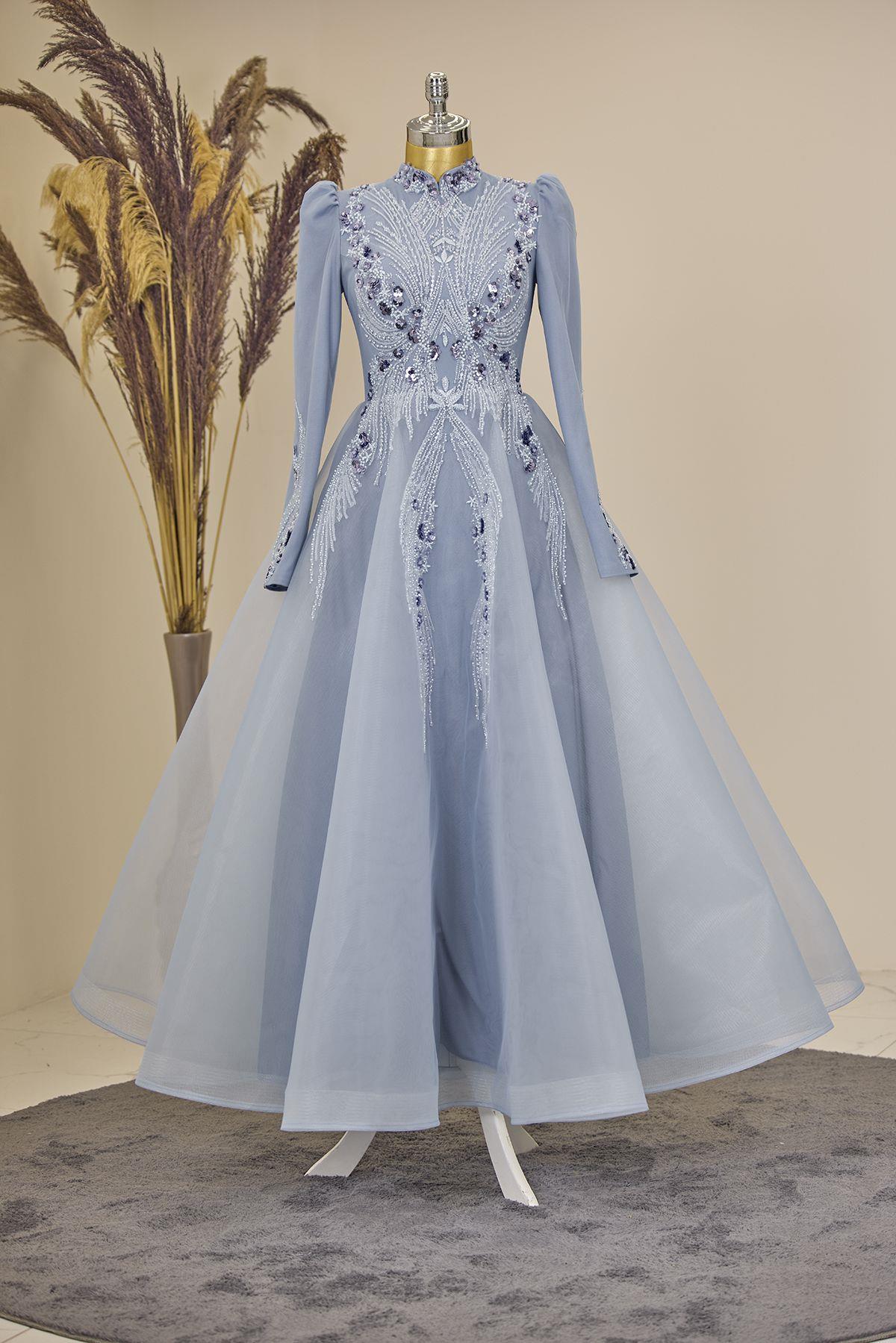 Önü Drapeli Aplik İşlemeli Asya  Abiye - Bebe Mavisi