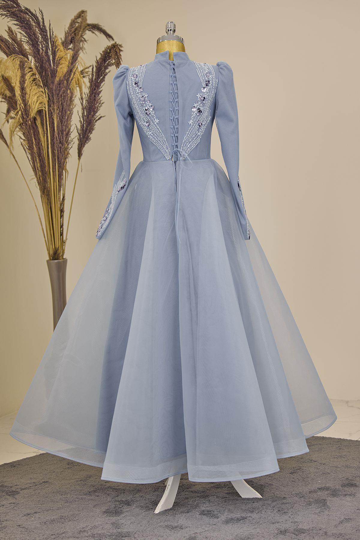 Önü Drapeli Aplik İşlemeli Asya  Abiye - Bebe Mavisi