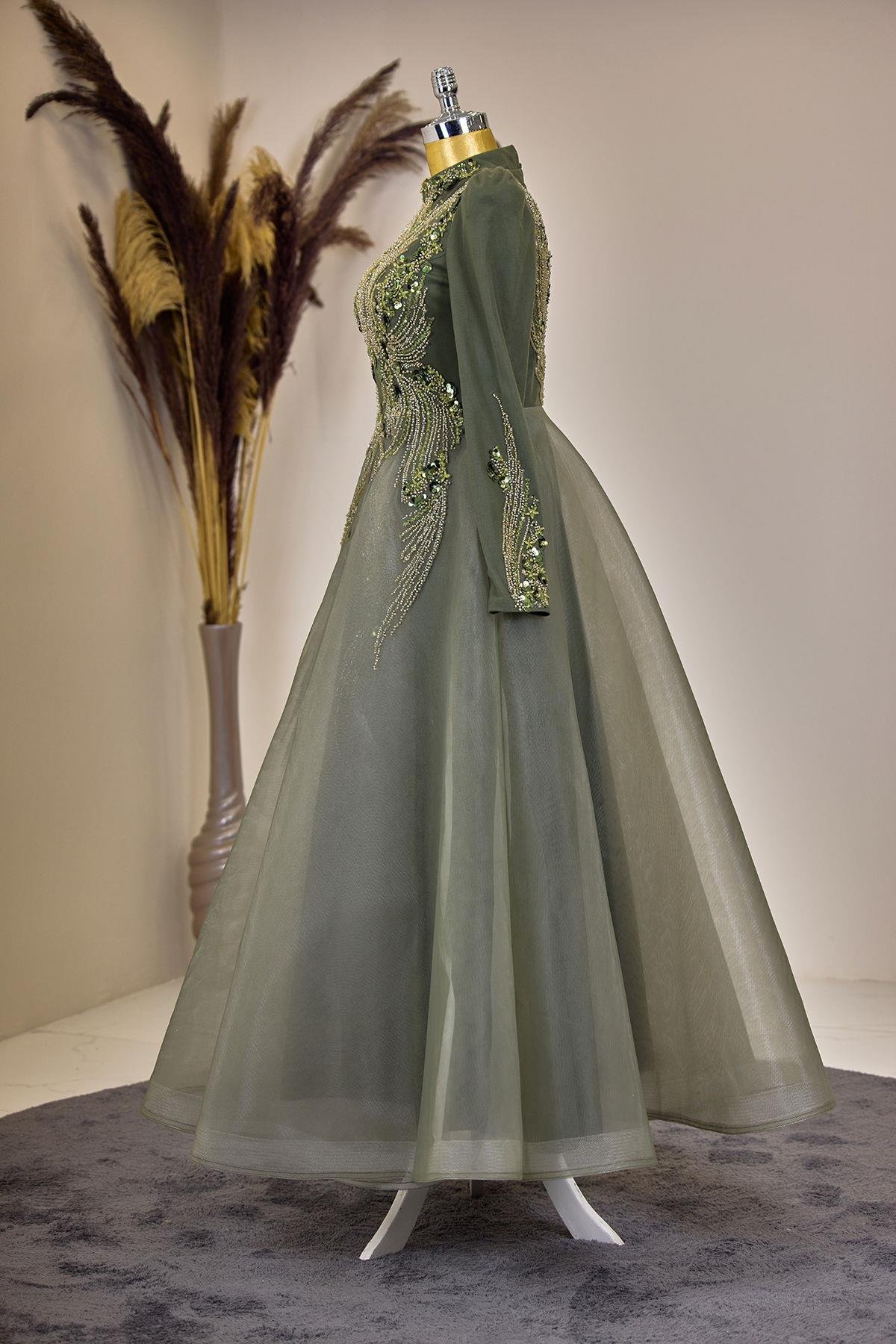 Önü Drapeli Aplik İşlemeli Asya  Abiye - Haki