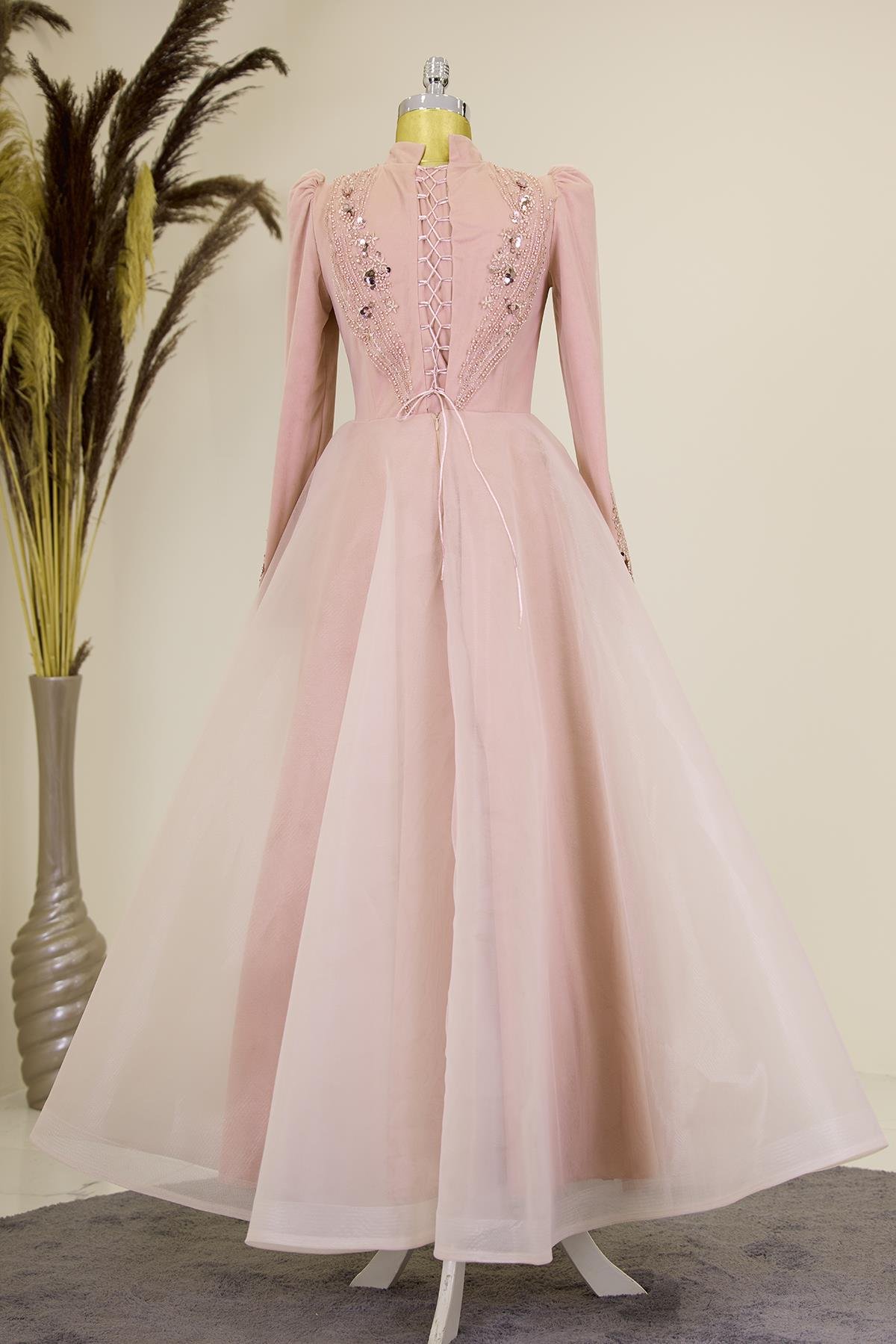 Önü Drapeli Aplik İşlemeli Asya  Abiye - Somon