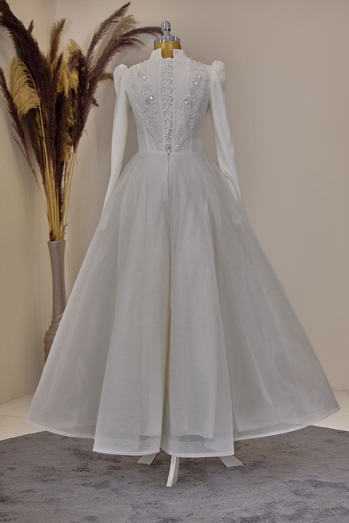 Önü Drapeli Aplik İşlemeli Asya  Abiye - Beyaz