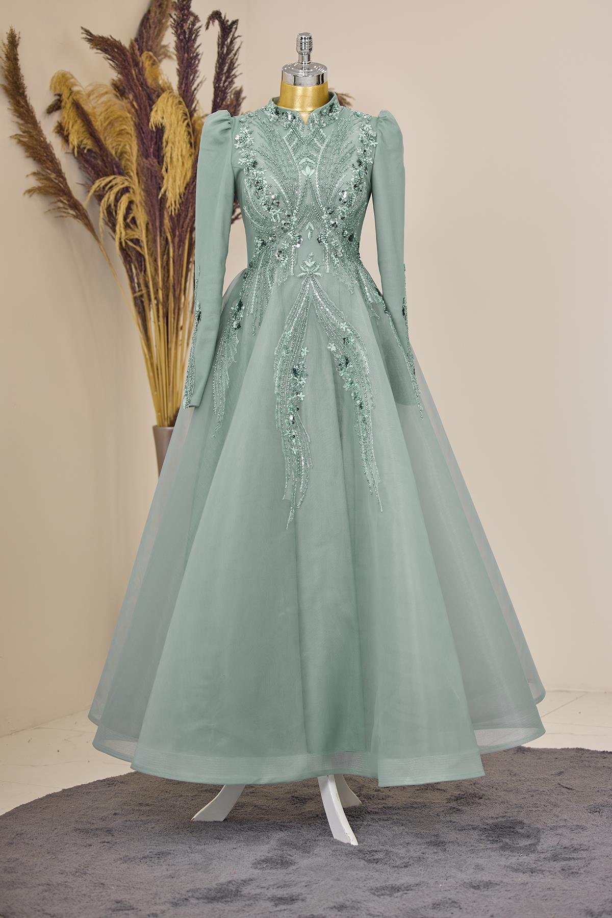 Önü Drapeli Aplik Önü Drapeli Aplik İşlemeli Asya  Abiye - ÇağlaAsya  Abiye - Bebe Mavisi