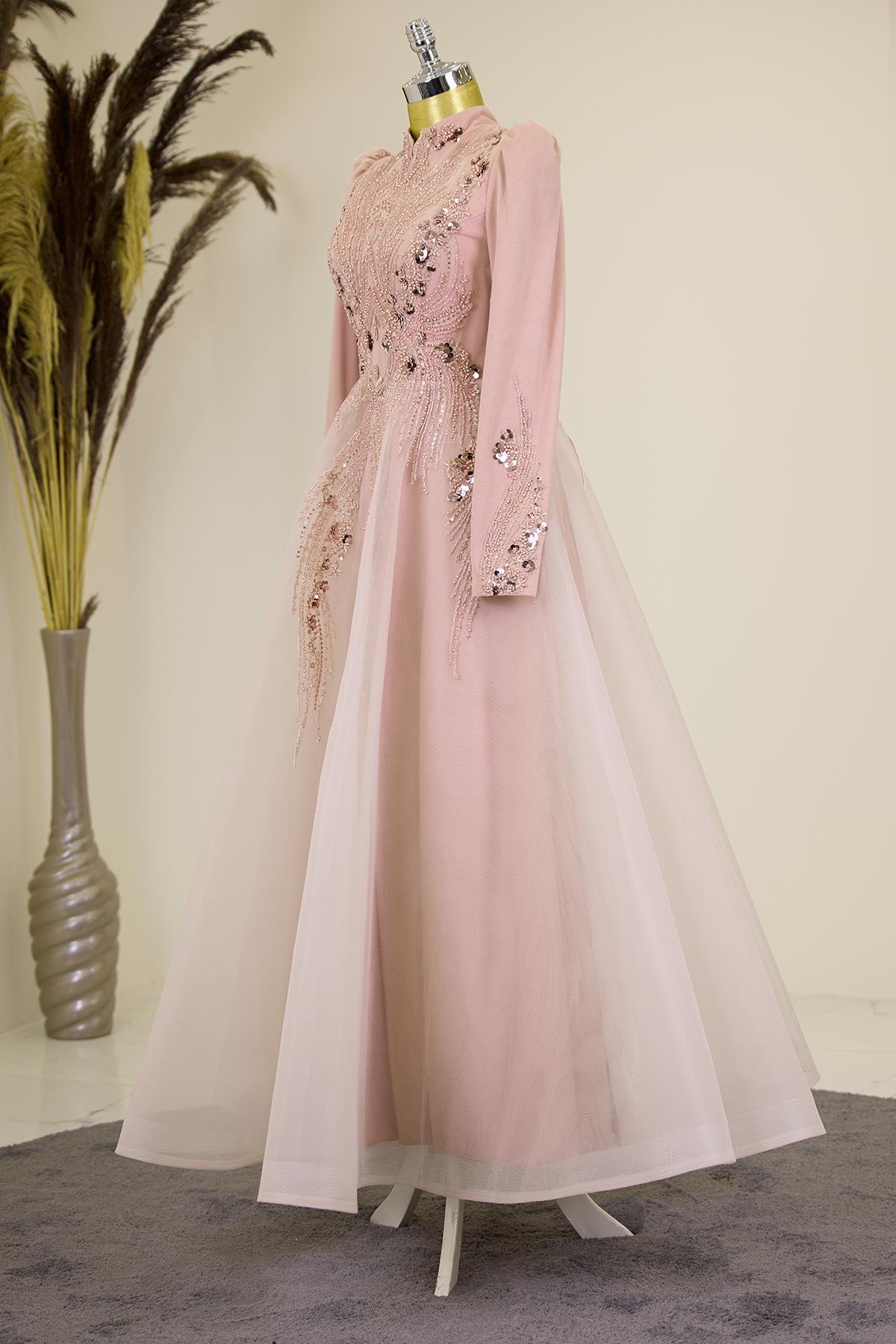 Önü Drapeli Aplik İşlemeli Asya  Abiye - Somon