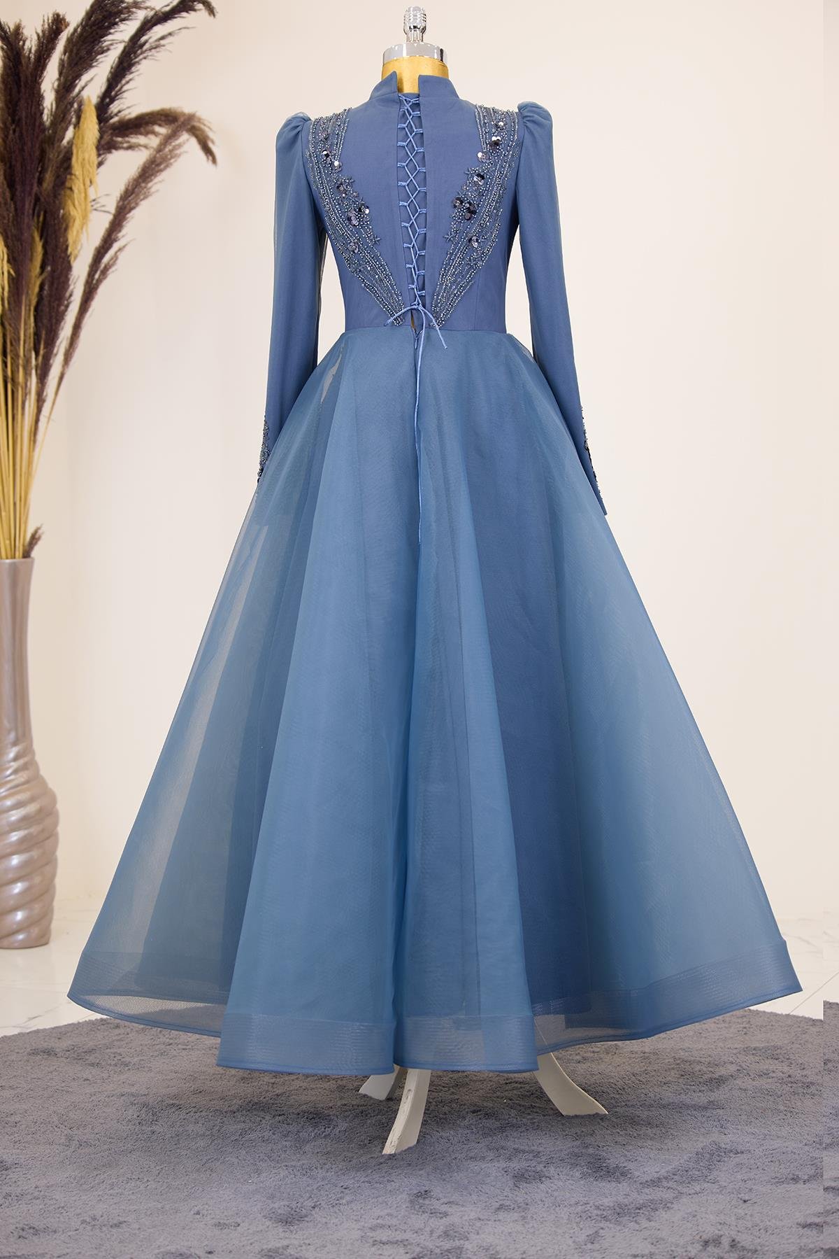 Önü Drapeli Aplik İşlemeli Asya  Abiye - İndigo