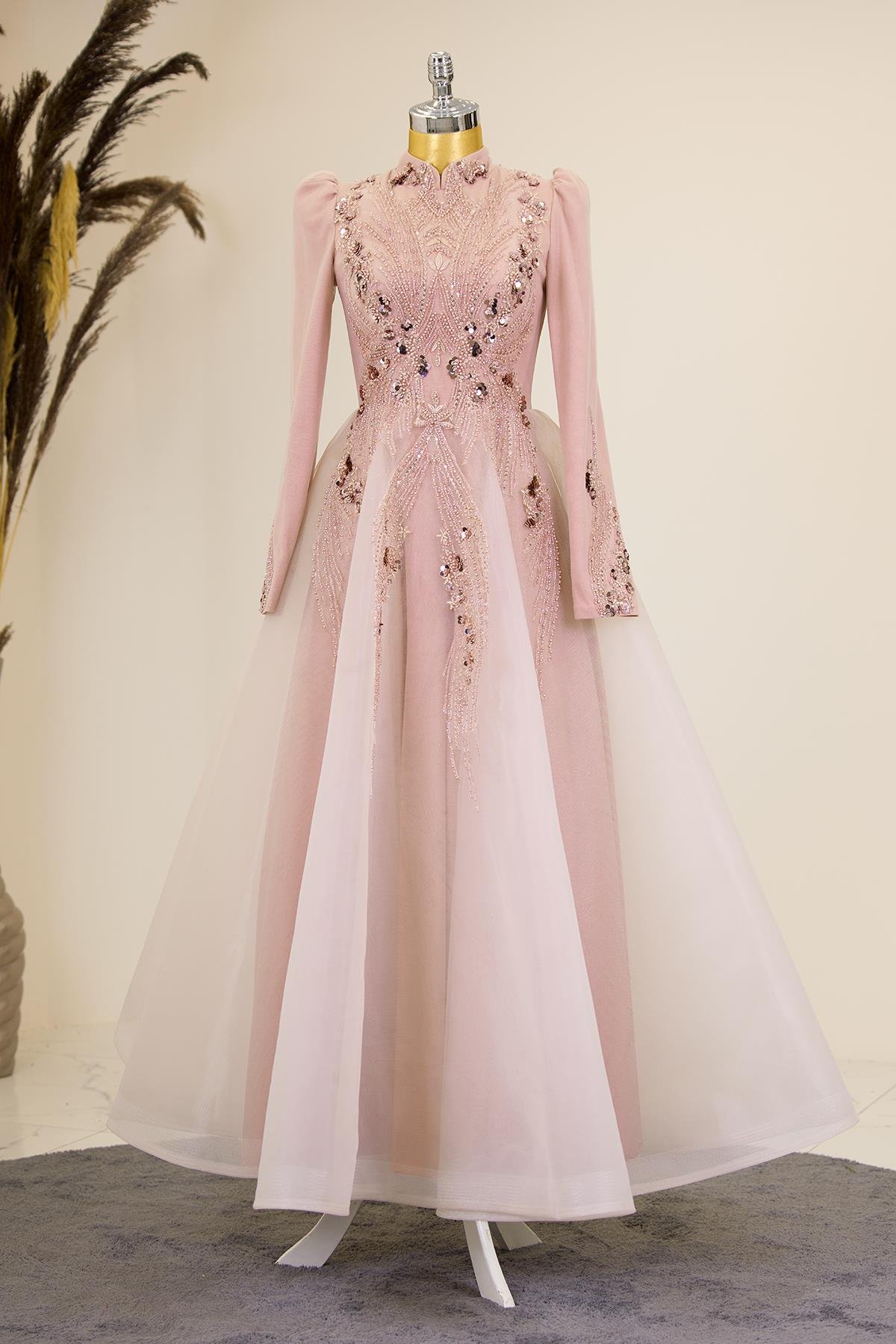 Önü Drapeli Aplik İşlemeli Asya  Abiye - Somon