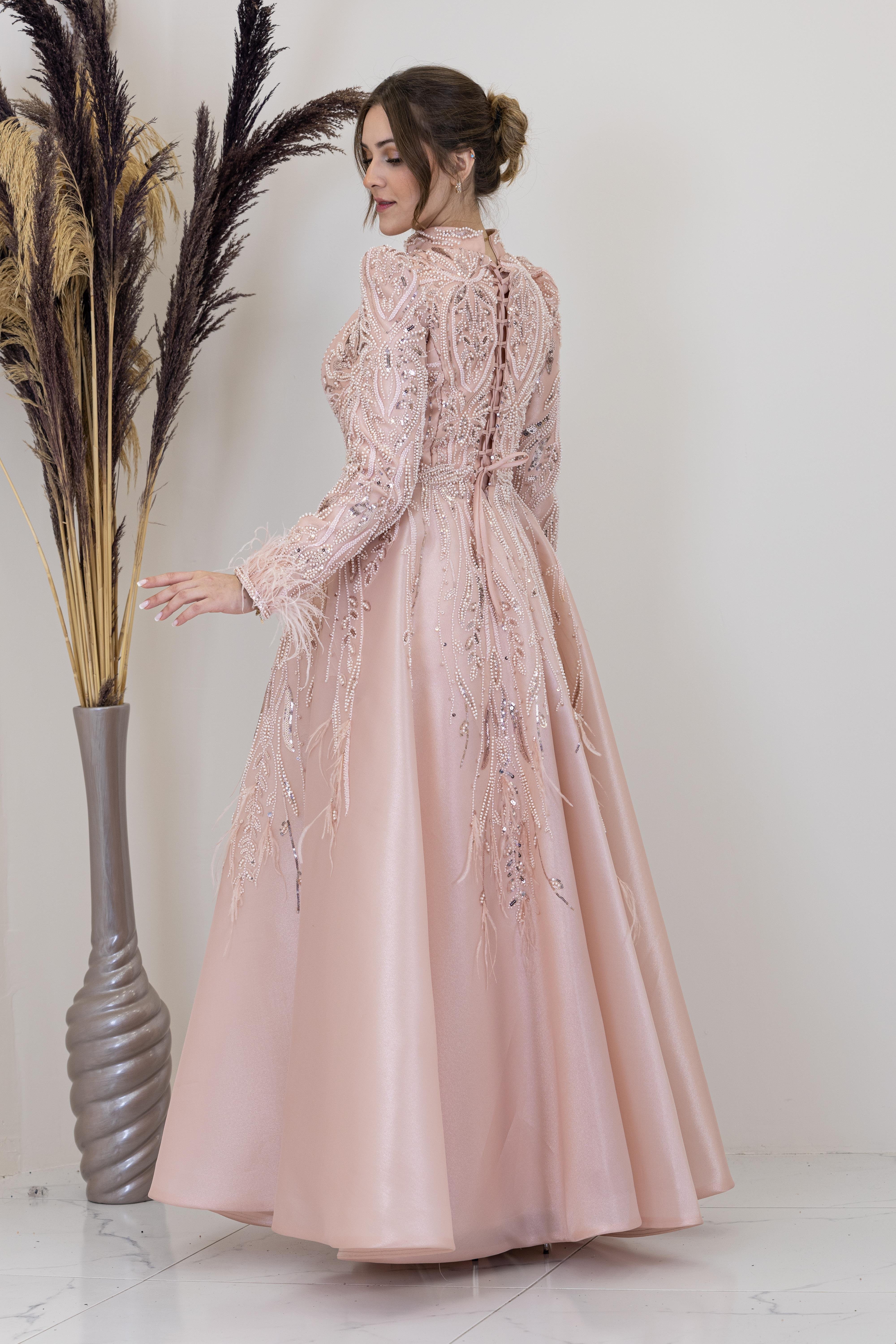 Önü Drapeli Aplik İşlemeli Katre Abiye - Pudra