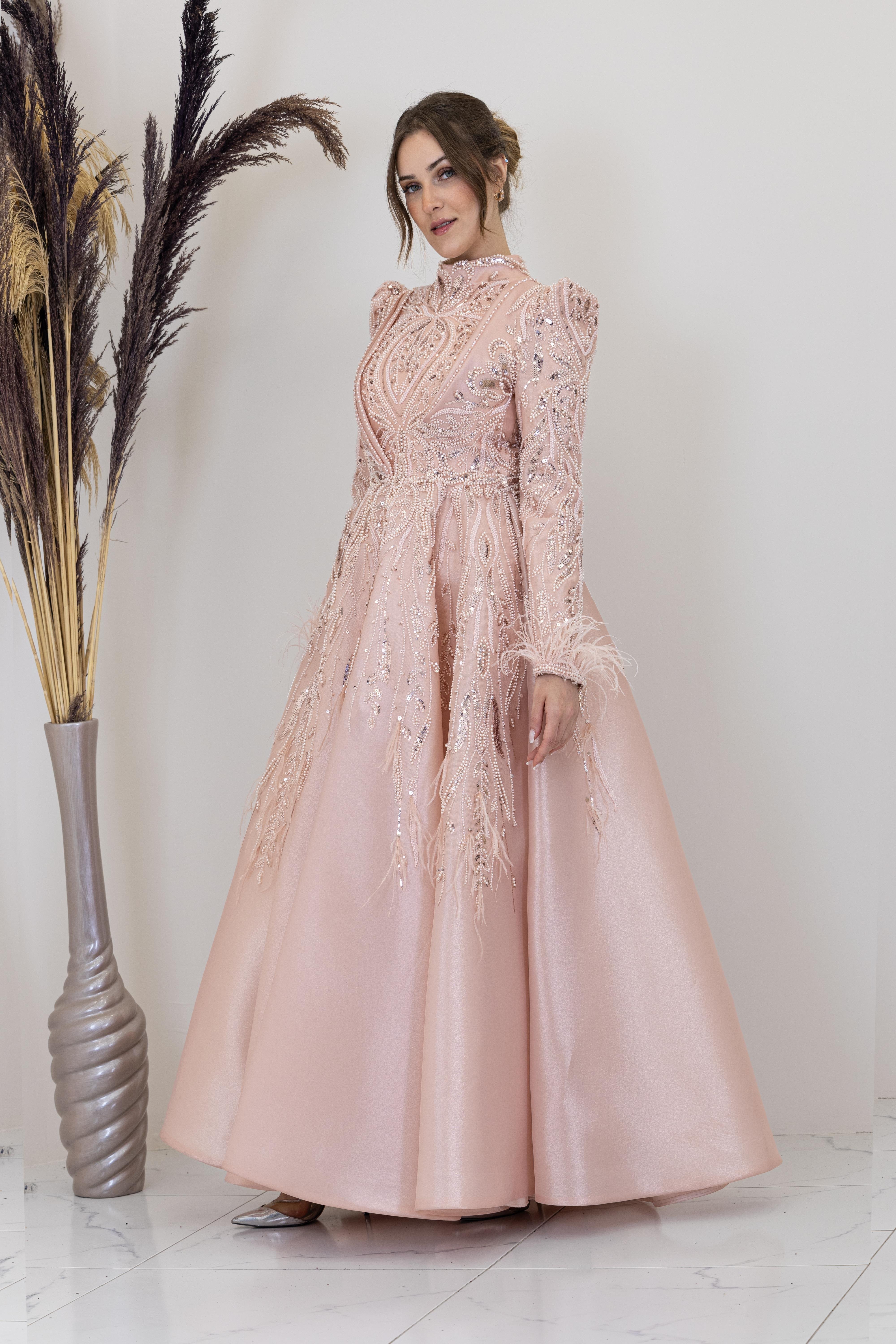 Önü Drapeli Aplik İşlemeli Katre Abiye - Pudra