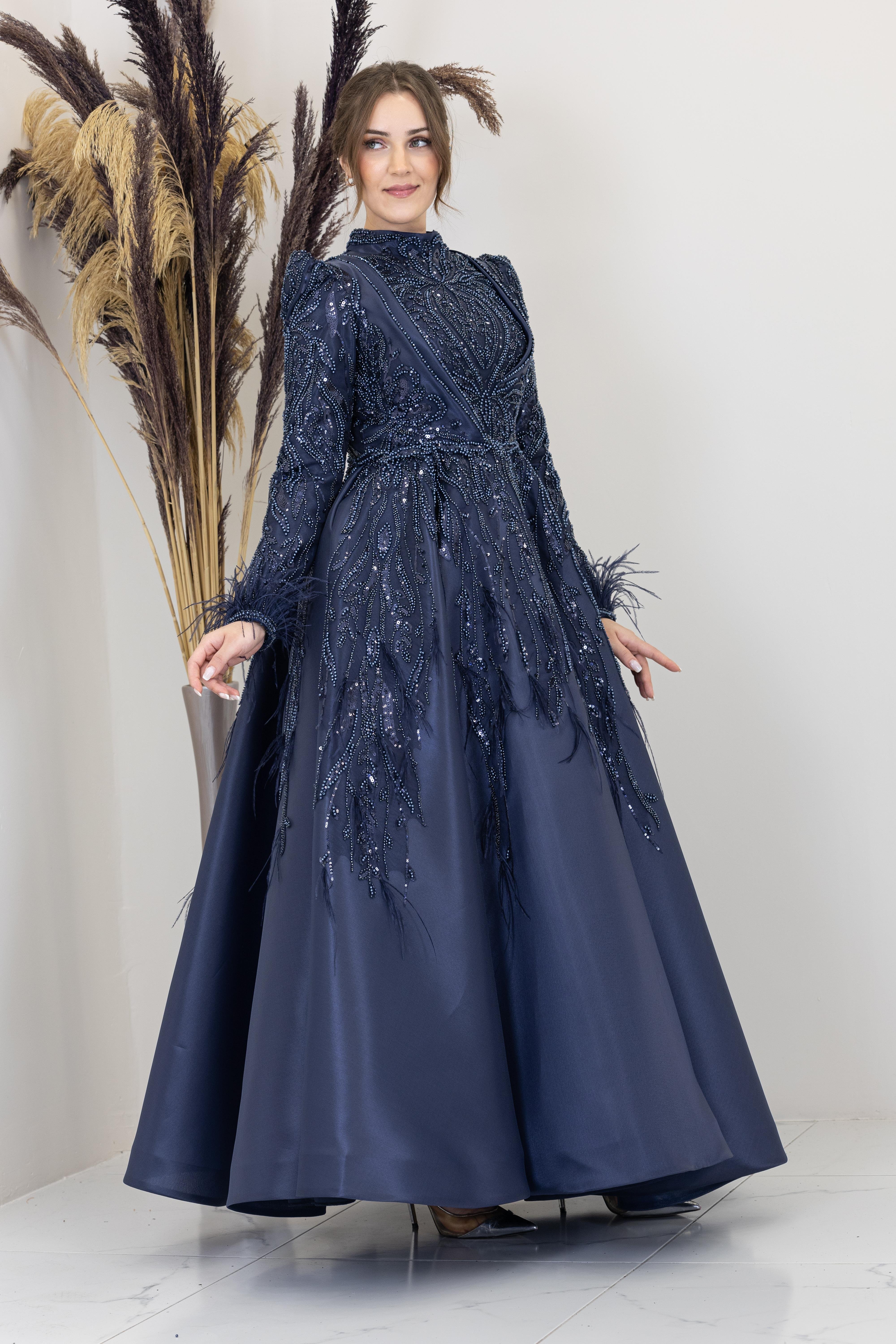 Önü Drapeli Aplik İşlemeli Katre Abiye - Lacivert