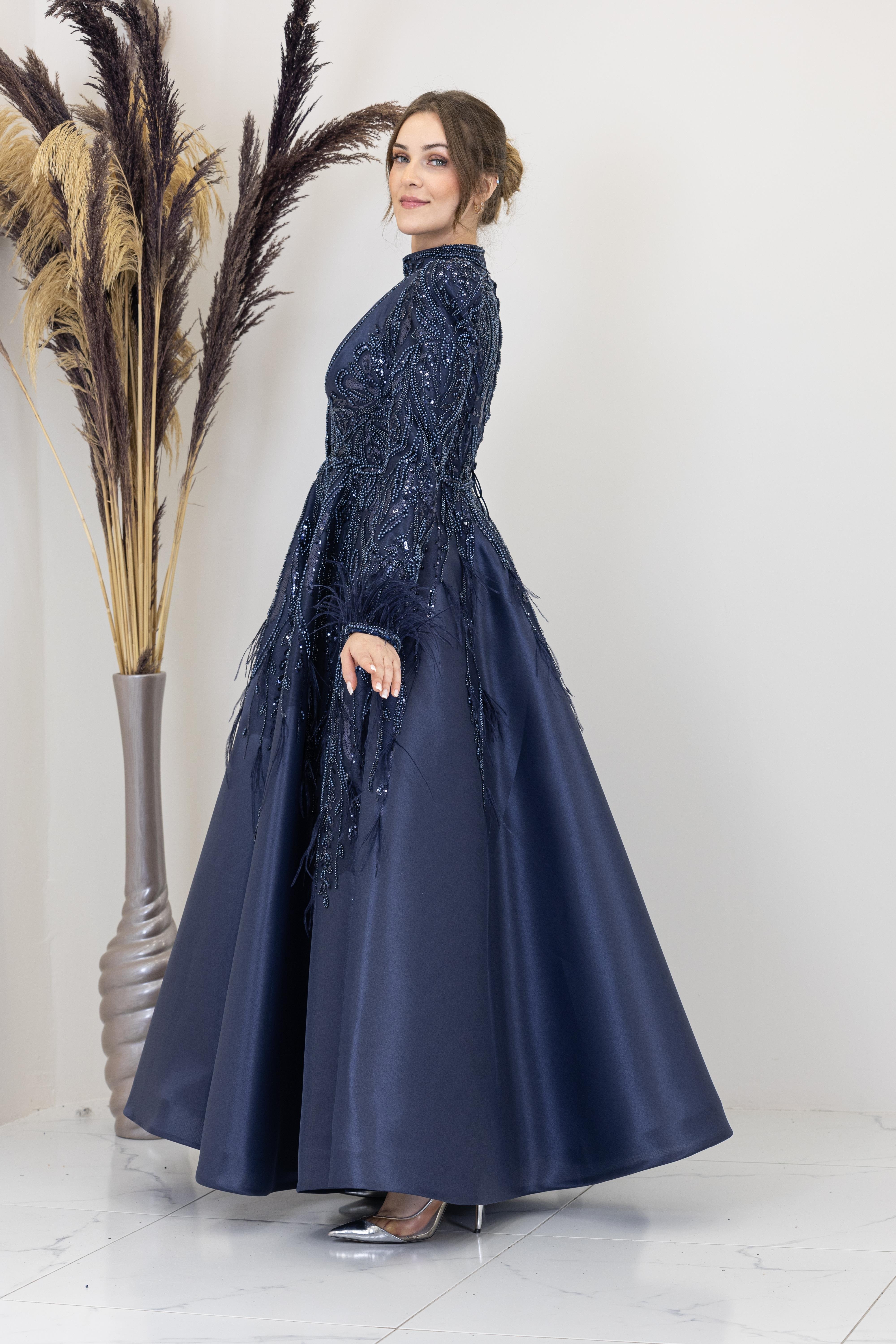 Önü Drapeli Aplik İşlemeli Katre Abiye - Lacivert