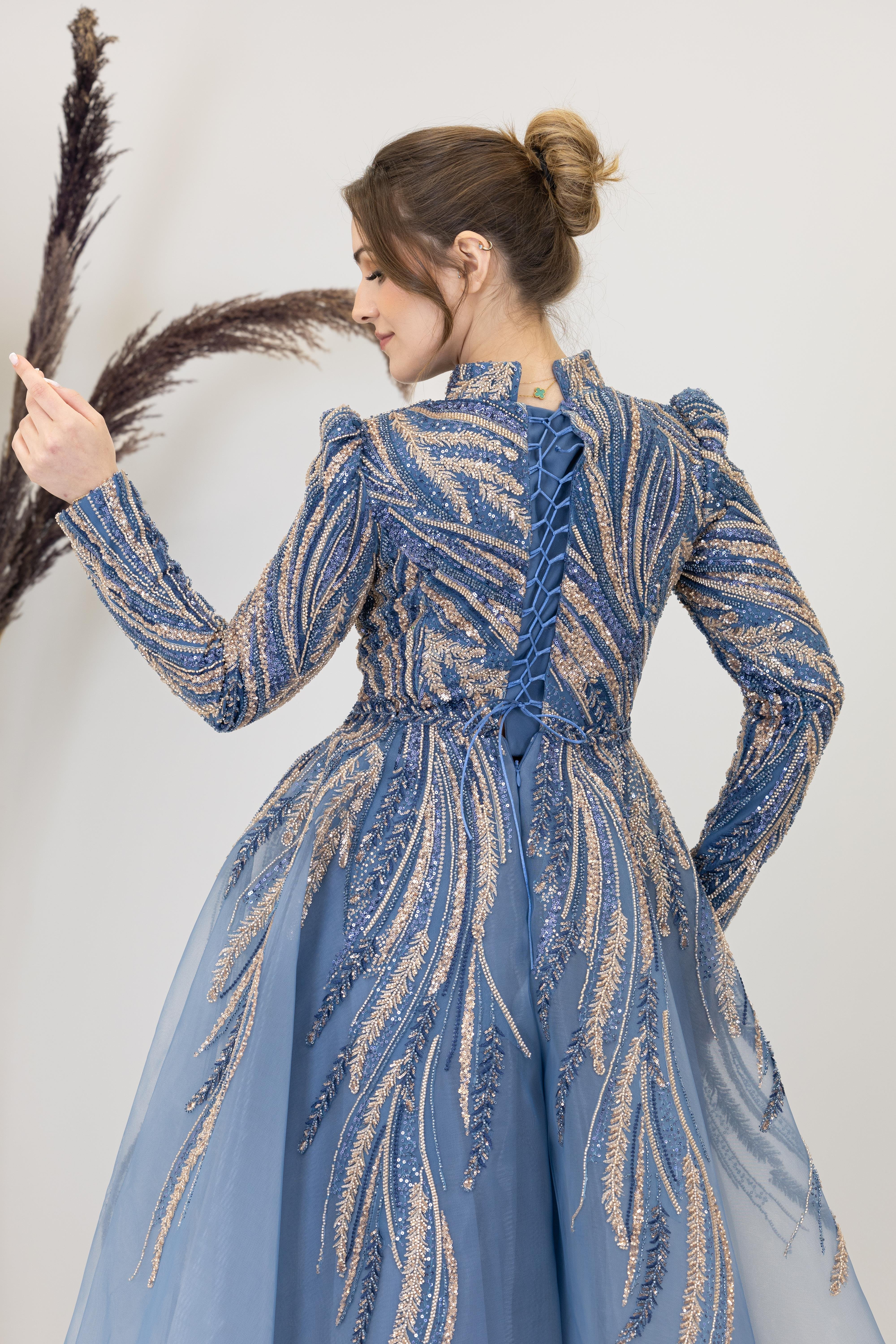 Önü Drapeli Aplik İşlemeli Kübra Abiye - İndigo