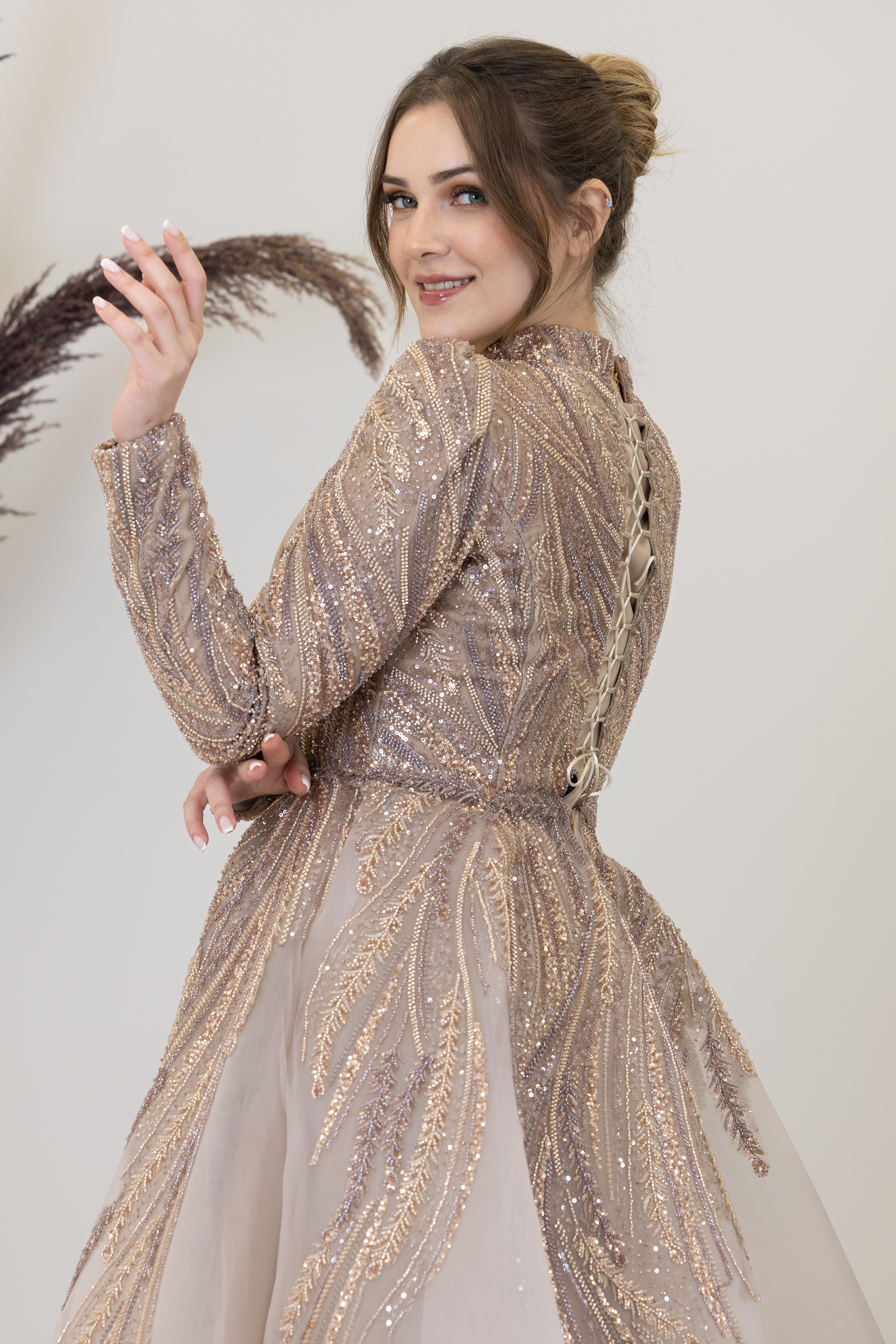 Önü Drapeli Aplik İşlemeli Kübra Abiye - Karamel