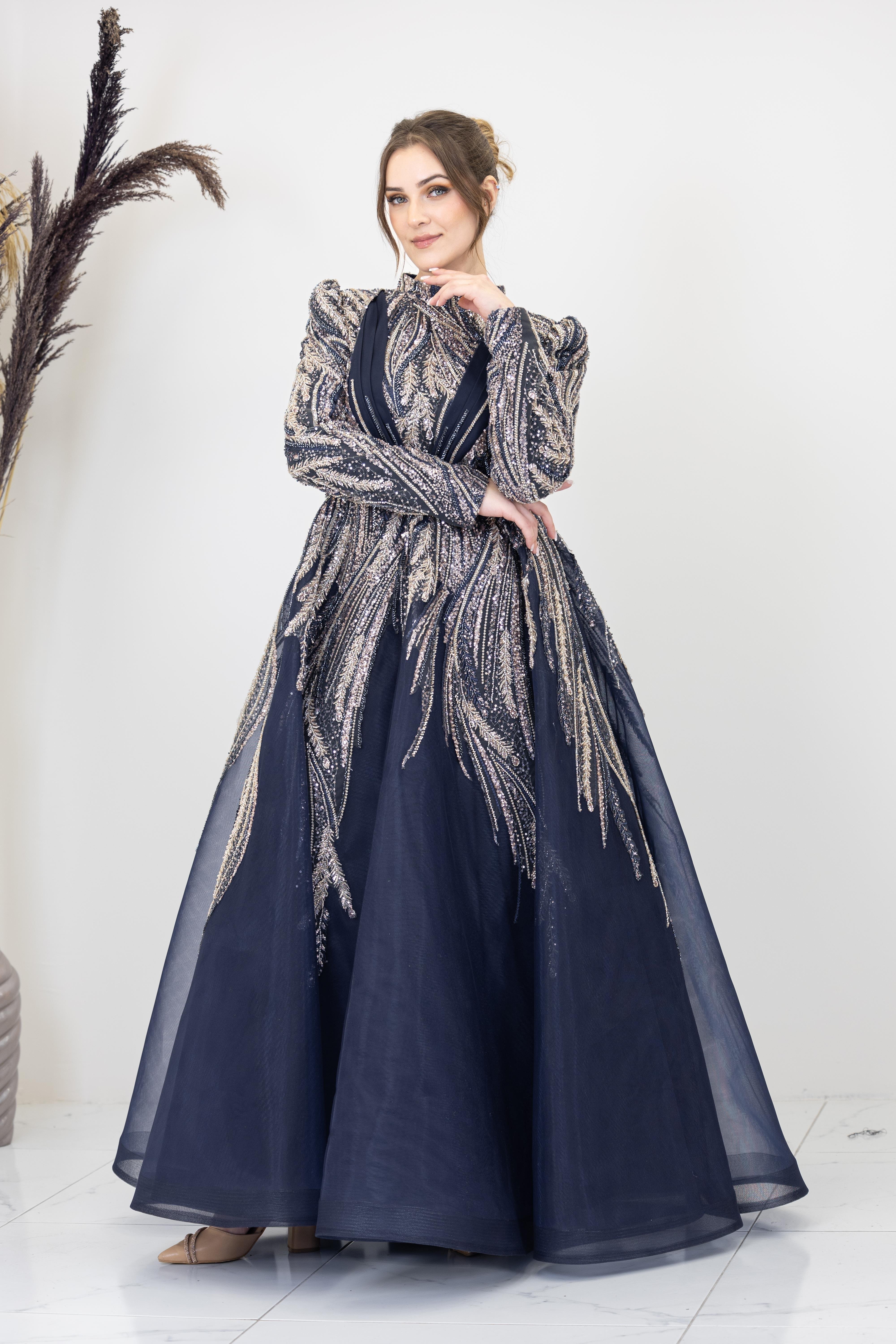 Önü Drapeli Aplik İşlemeli Kübra Abiye - Lacivert