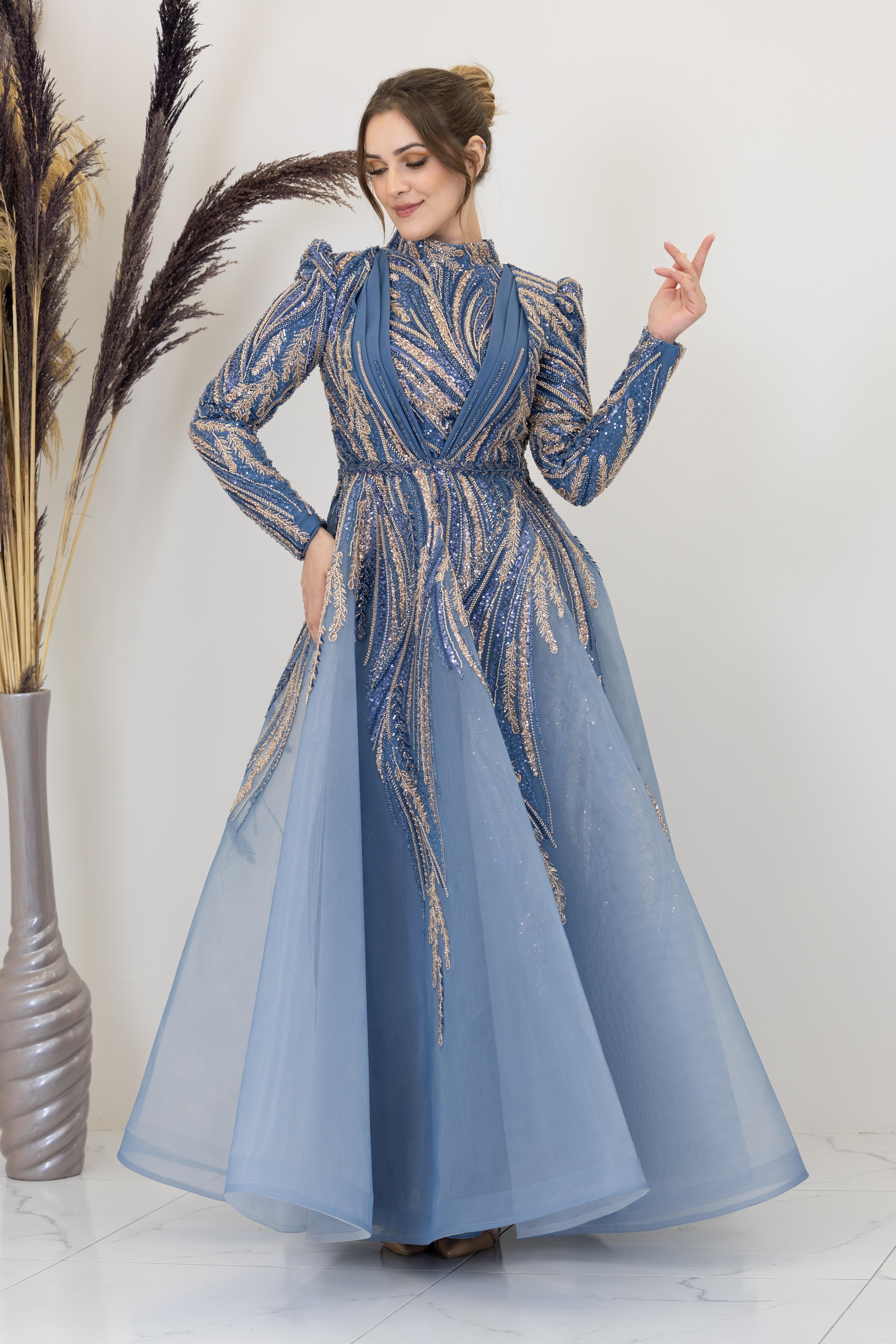 Önü Drapeli Aplik İşlemeli Kübra Abiye - İndigo