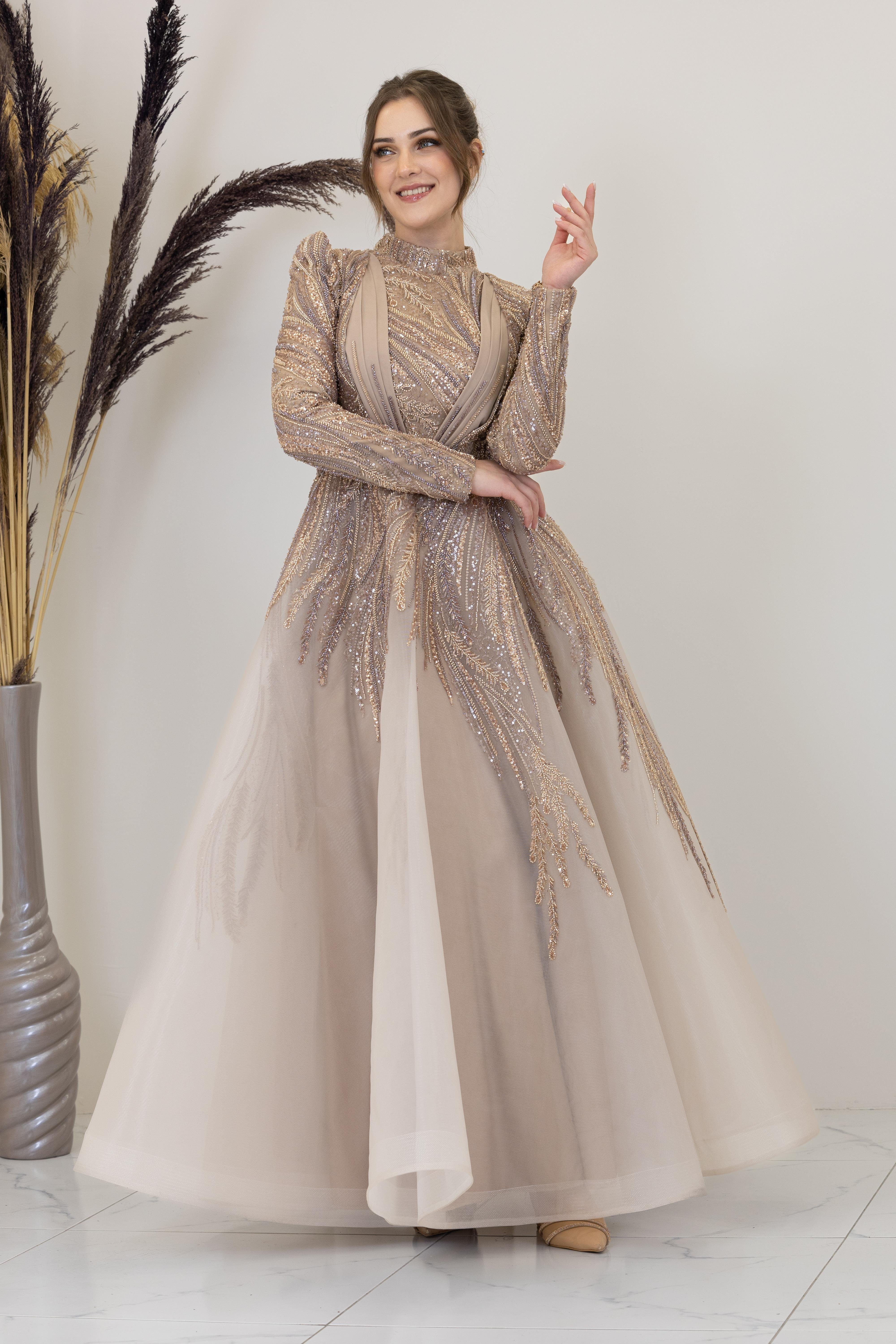 Önü Drapeli Aplik İşlemeli Kübra Abiye - Karamel