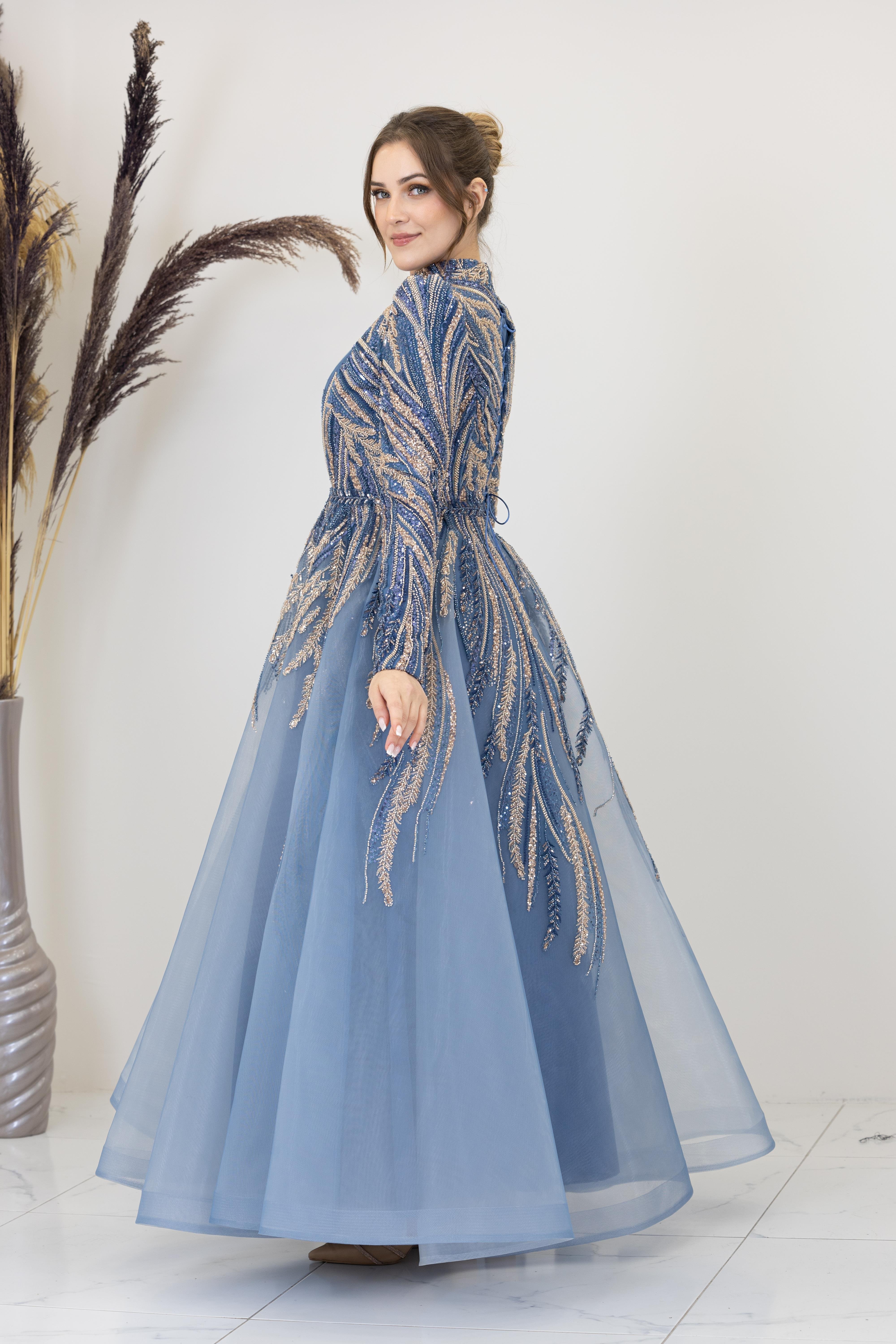 Önü Drapeli Aplik İşlemeli Kübra Abiye - İndigo