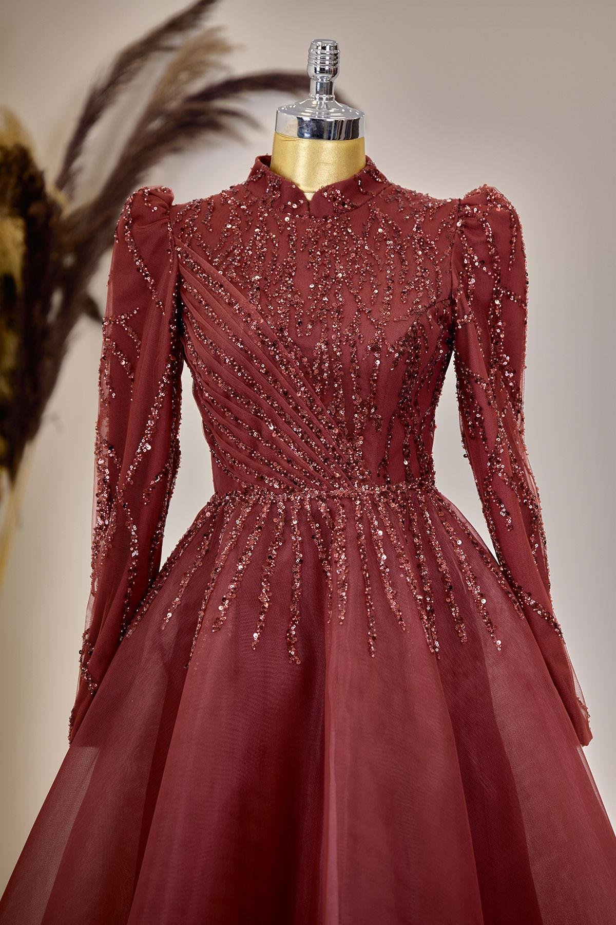 Önü Drapeli Aplik İşlemeli Mila Abiye - Bordo