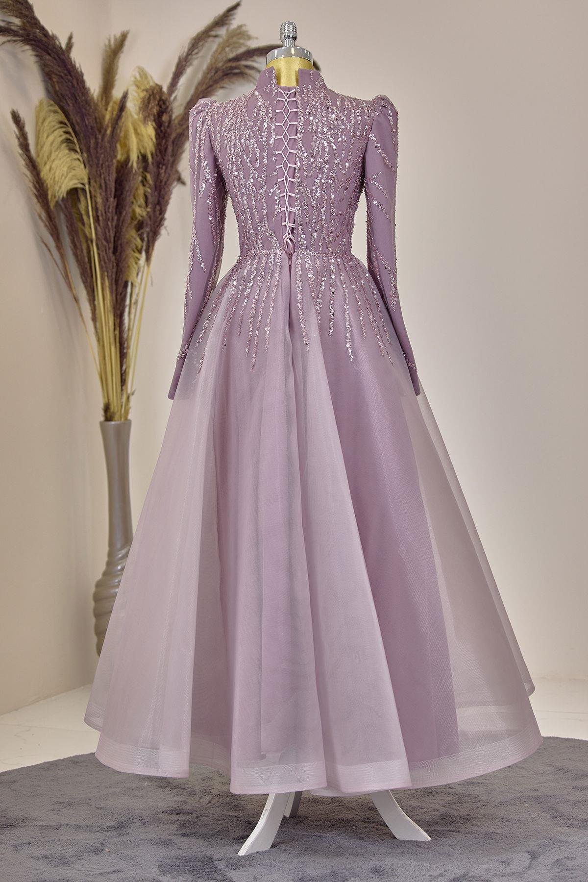 Önü Drapeli Aplik İşlemeli Mila Abiye - Lila