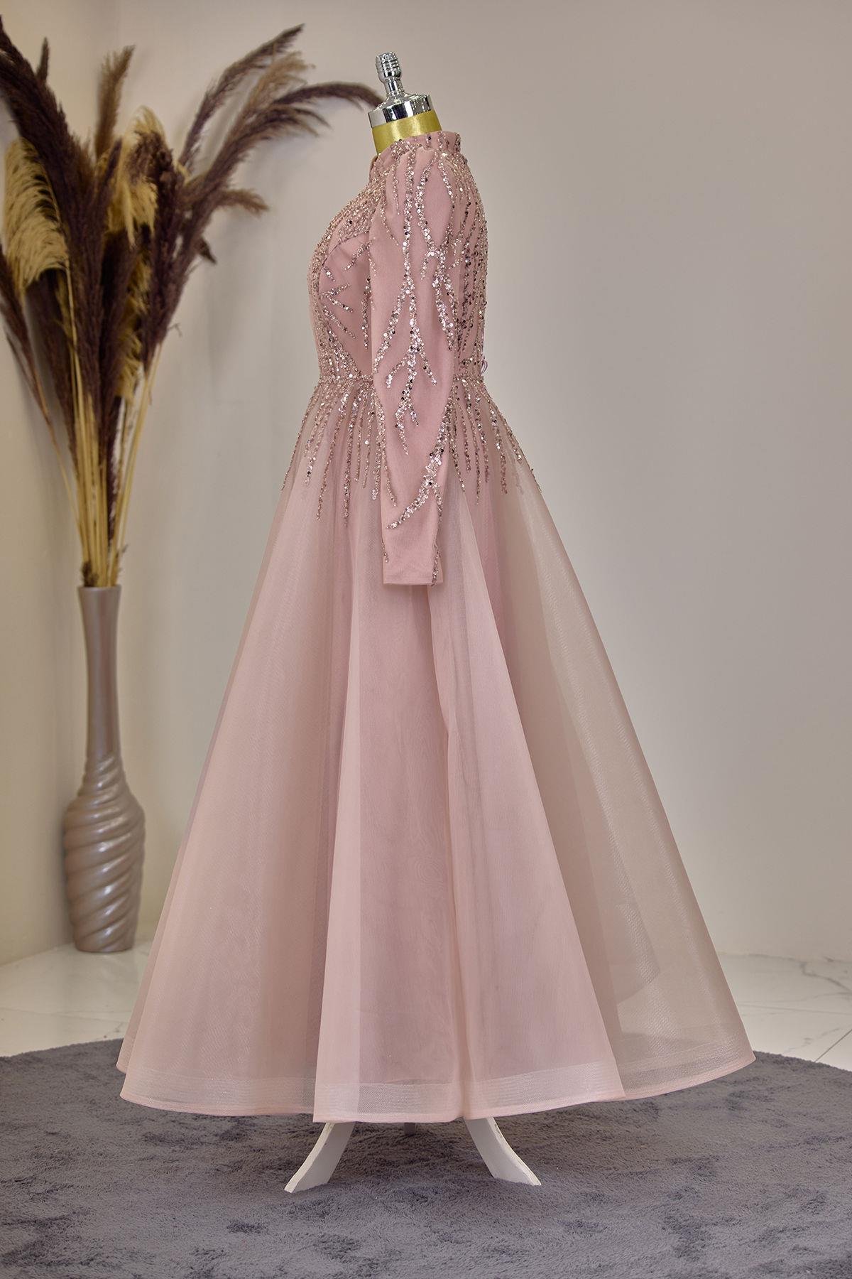 Önü Drapeli Aplik İşlemeli Mila Abiye - Somon