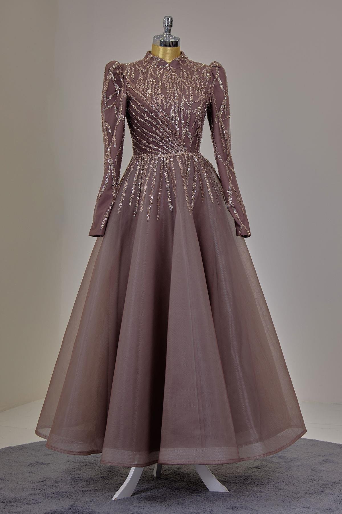 Önü Drapeli Aplik İşlemeli Mila Abiye - Kahverengi