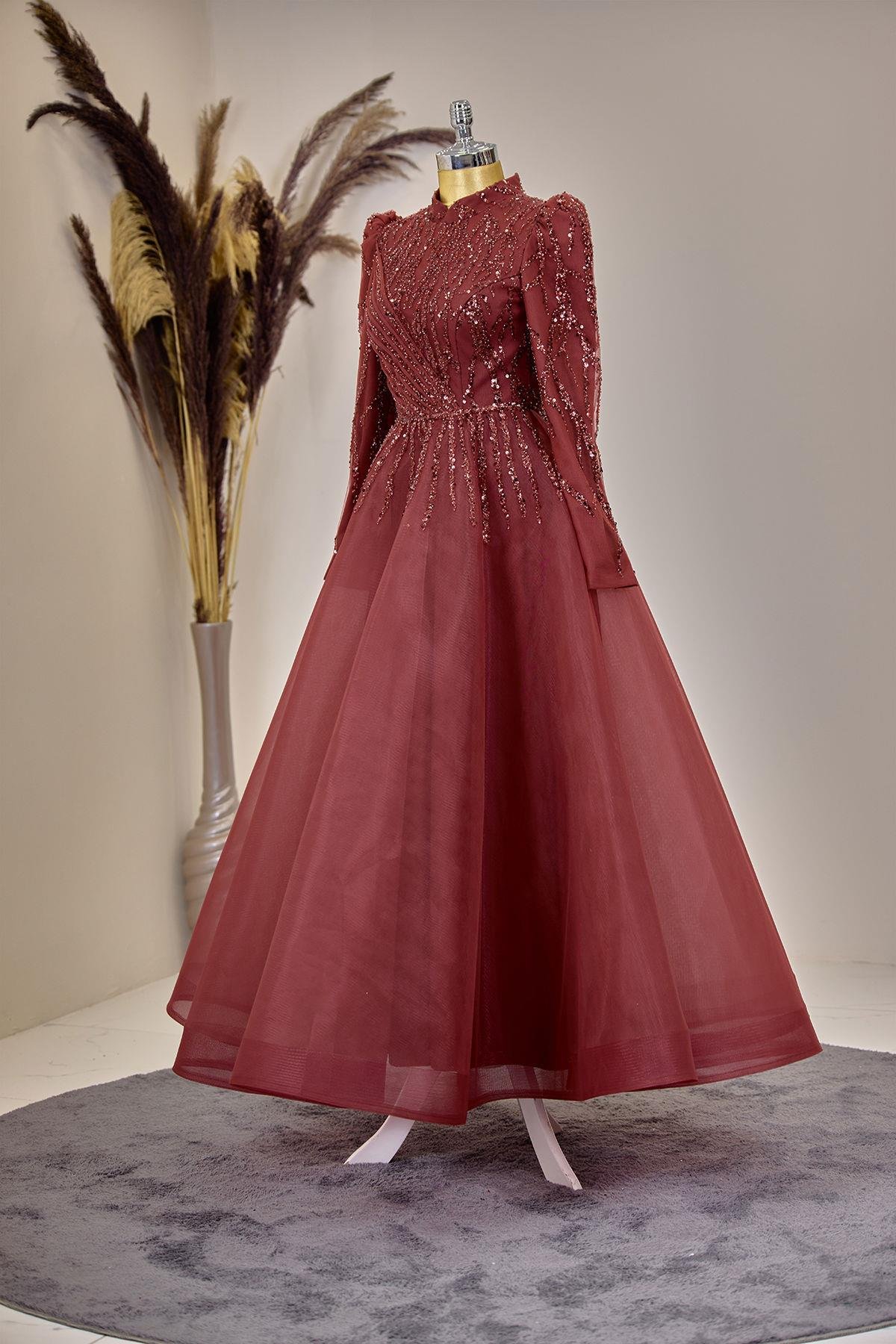 Önü Drapeli Aplik İşlemeli Mila Abiye - Bordo