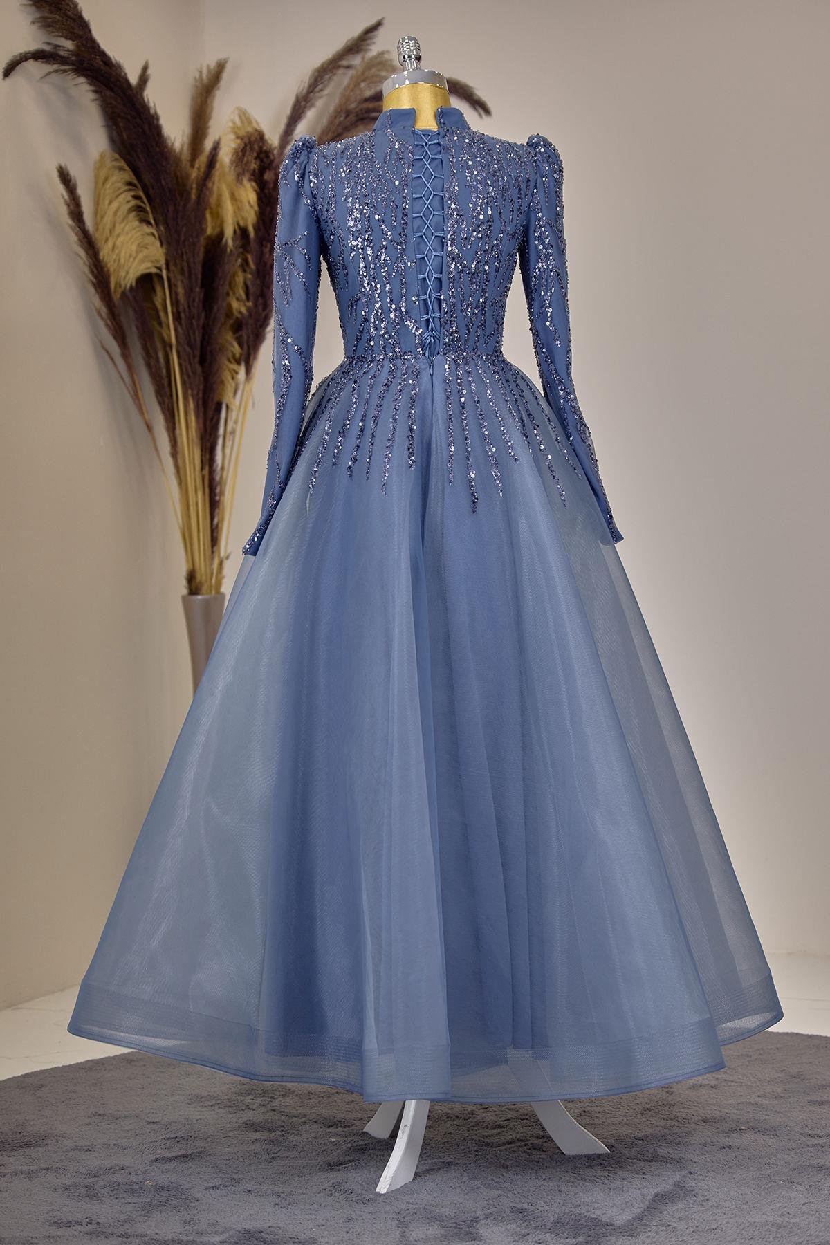 Önü Drapeli Aplik İşlemeli Mila Abiye - İndigo