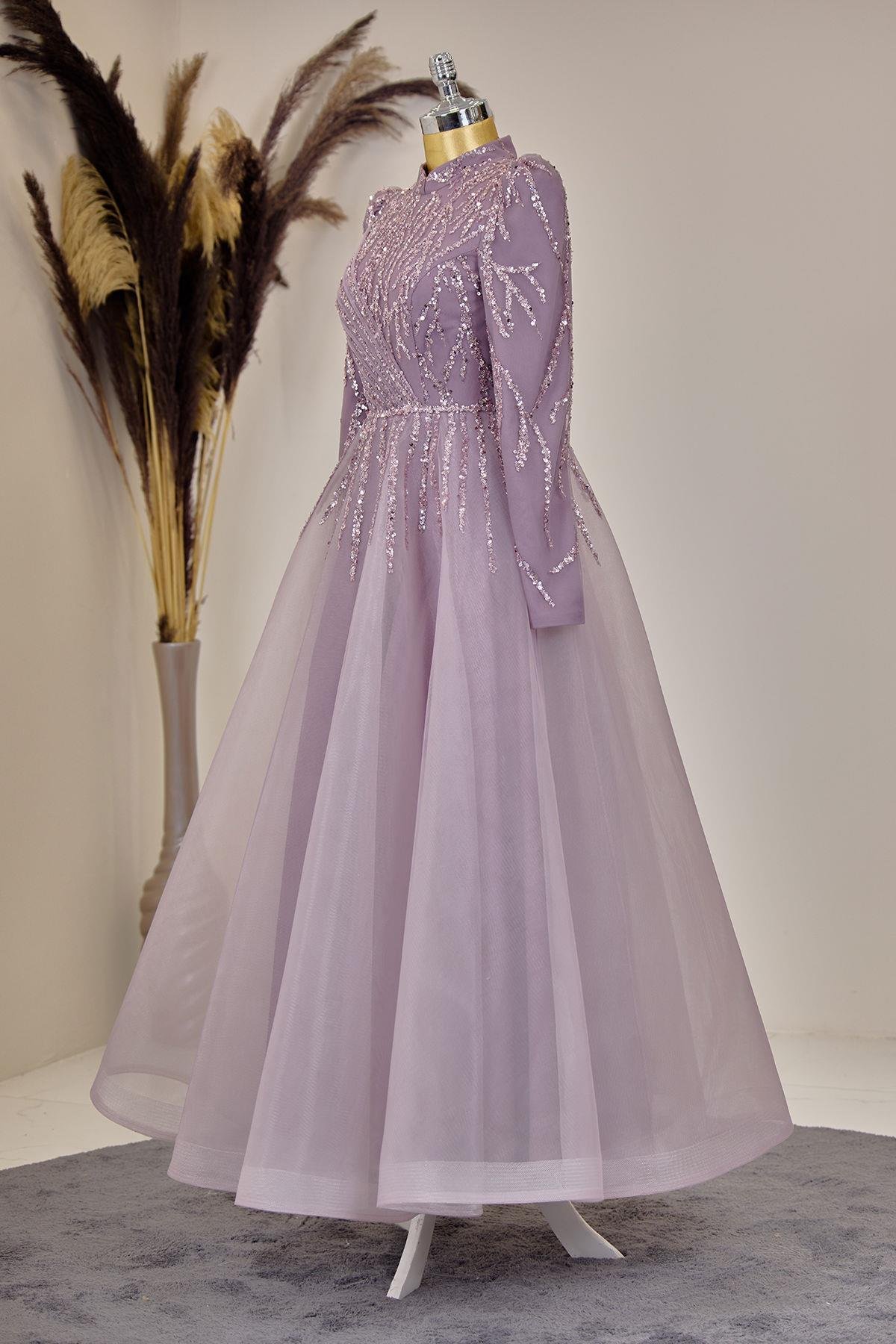 Önü Drapeli Aplik İşlemeli Mila Abiye - Lila