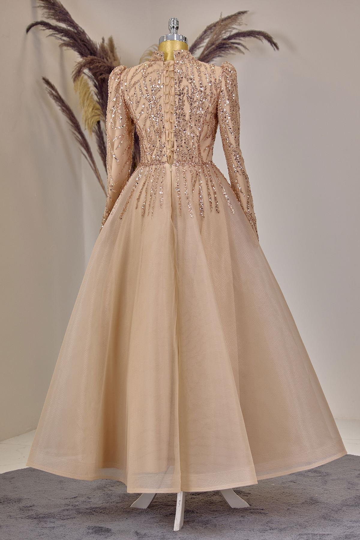 Önü Drapeli Aplik İşlemeli Mila Abiye - Gold