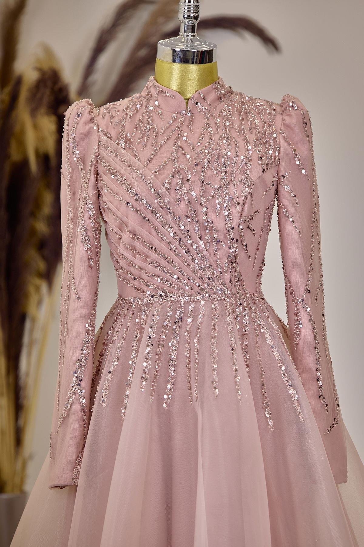 Önü Drapeli Aplik İşlemeli Mila Abiye - Somon