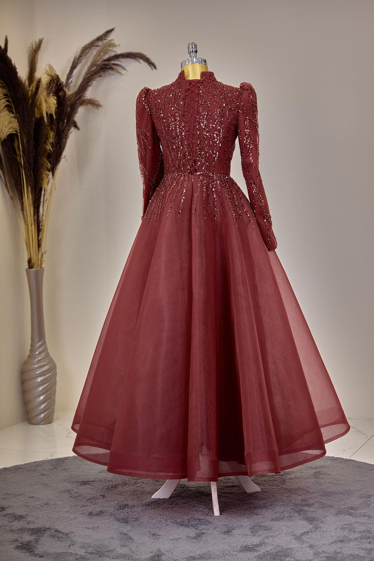 Önü Drapeli Aplik İşlemeli Mila Abiye - Bordo