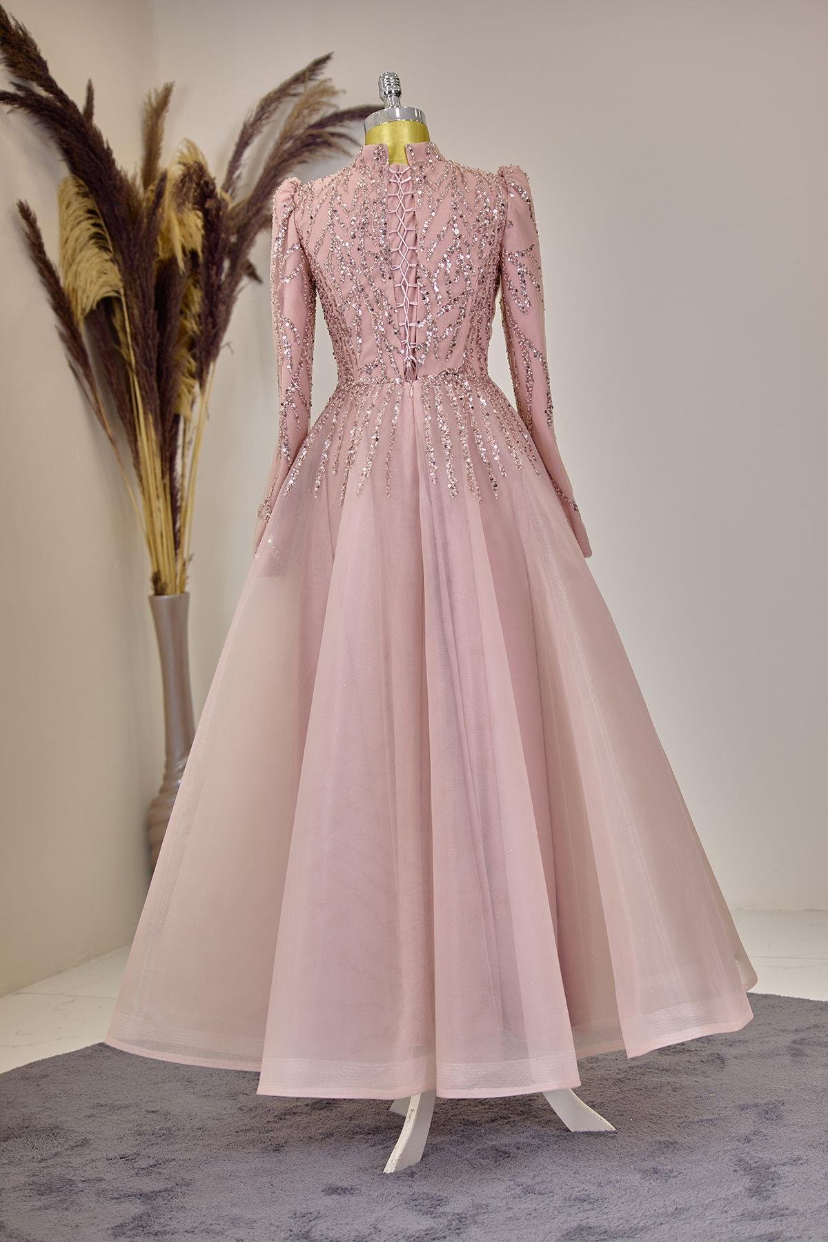 Önü Drapeli Aplik İşlemeli Mila Abiye - Somon