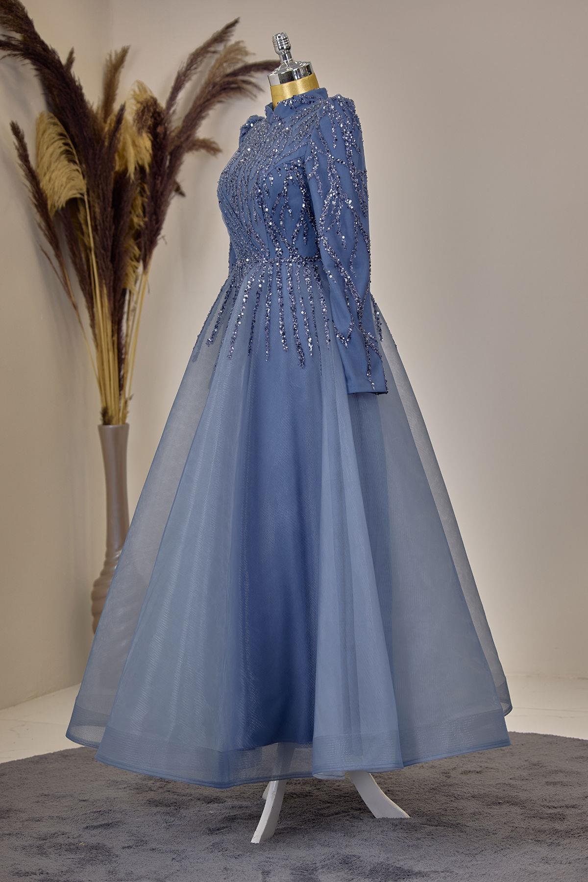 Önü Drapeli Aplik İşlemeli Mila Abiye - İndigo