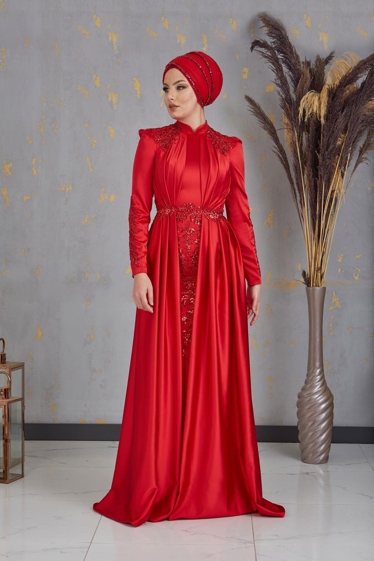 Önü Drapeli Aplikli Karaca Tesettür Abiye - Kırmızı