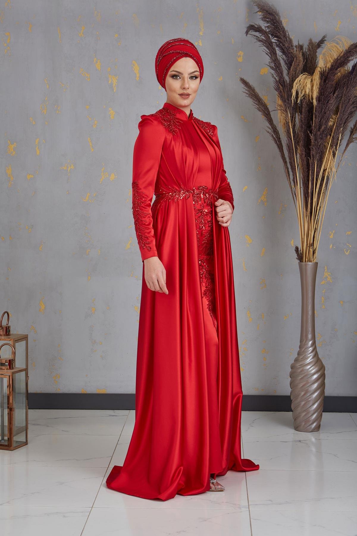 Önü Drapeli Aplikli Karaca Tesettür Abiye - Kırmızı