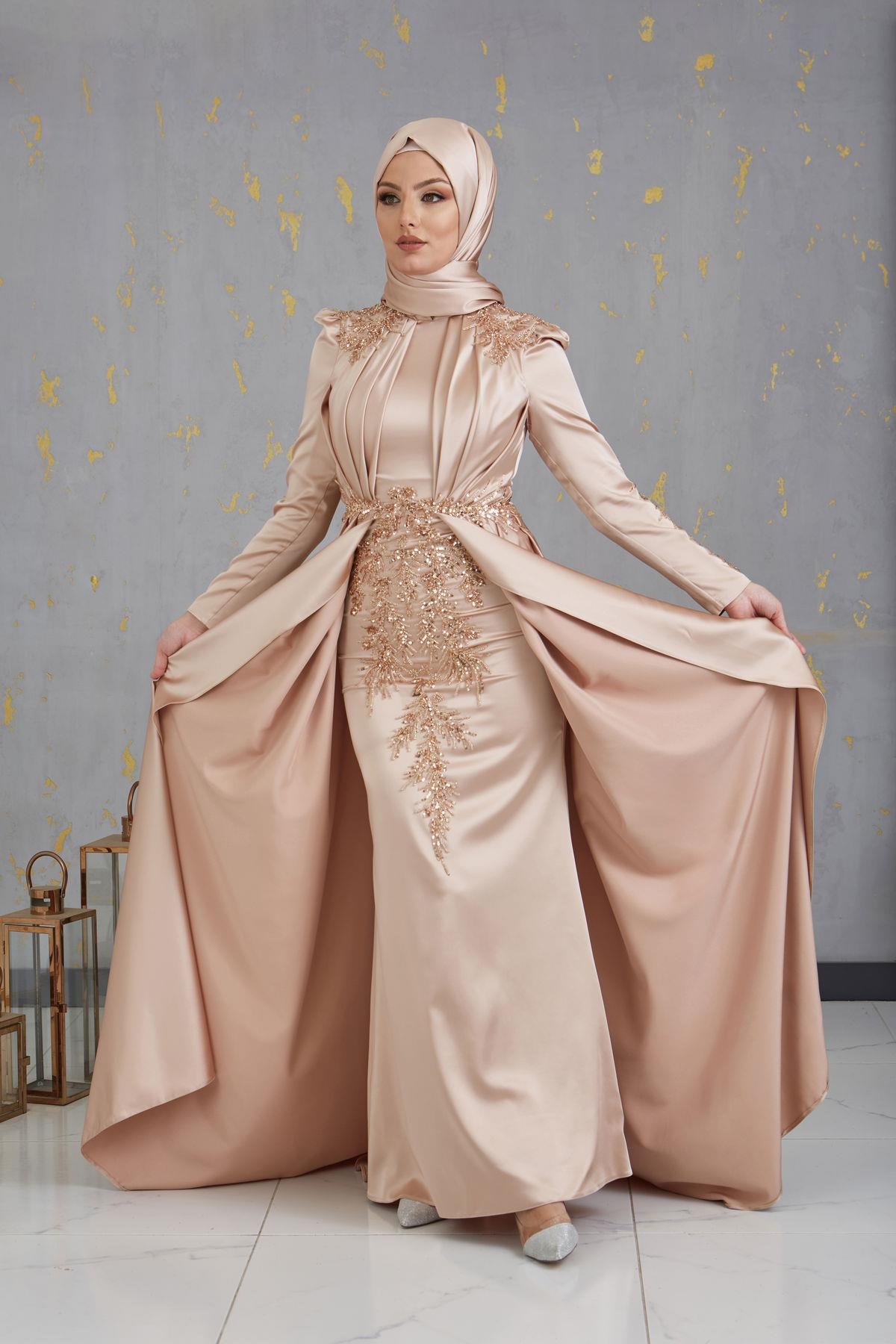 Önü Drapeli Aplikli Karaca Tesettür Abiye - Gold
