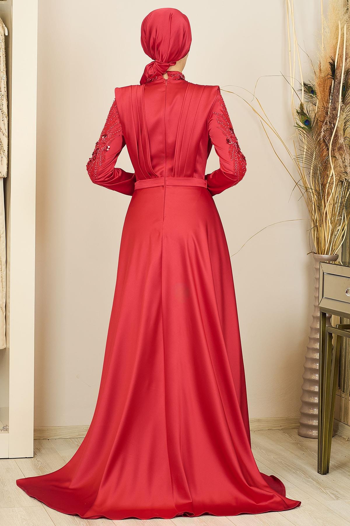 Önü Drapeli Kuyruklu Boncuk İşlemeli Miranda Abiye Kırmızı