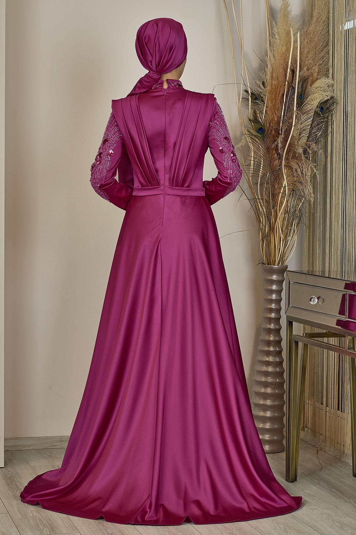 Önü Drapeli Kuyruklu Boncuk İşlemeli Miranda Abiye Fuşya