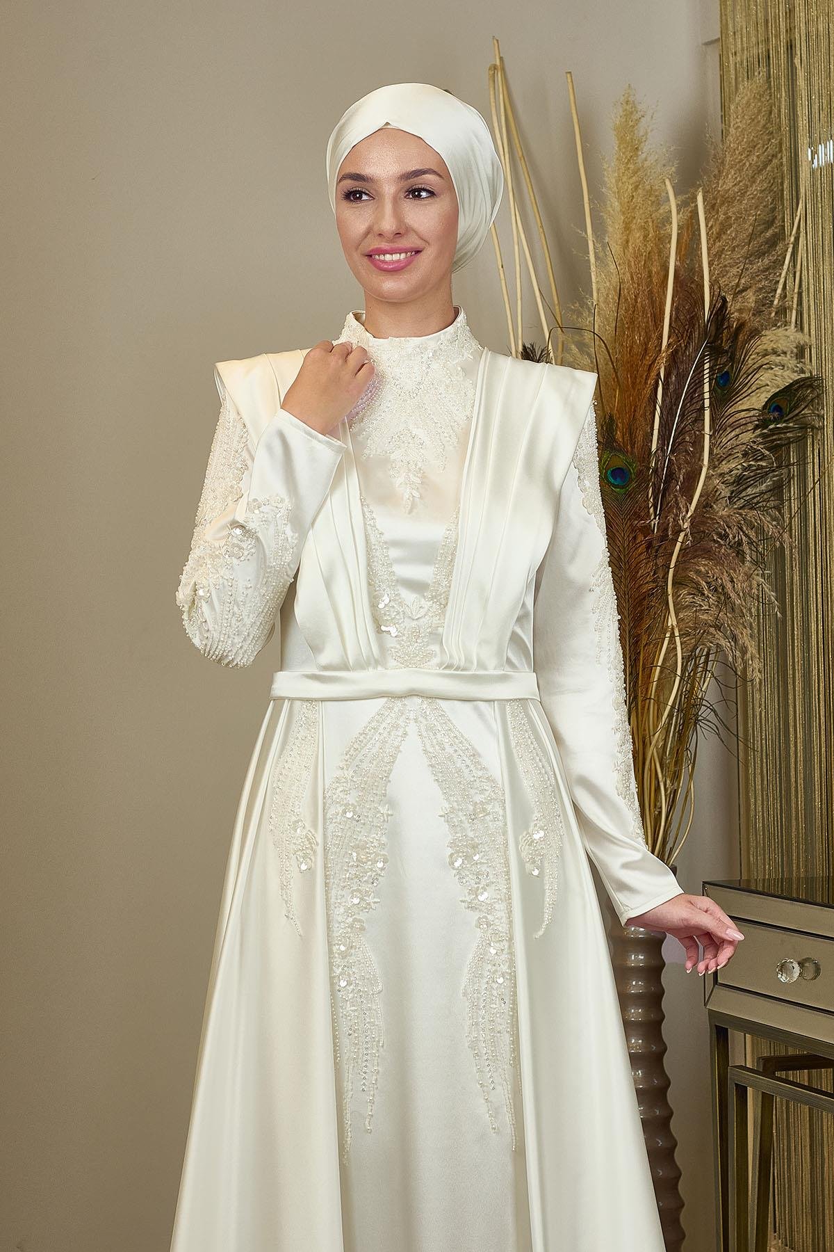 Önü Drapeli Kuyruklu Boncuk İşlemeli Miranda Abiye Krem