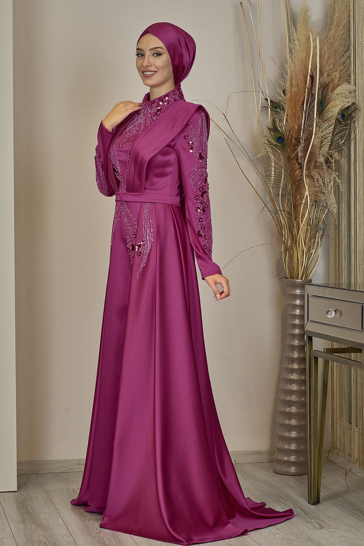 Önü Drapeli Kuyruklu Boncuk İşlemeli Miranda Abiye Fuşya