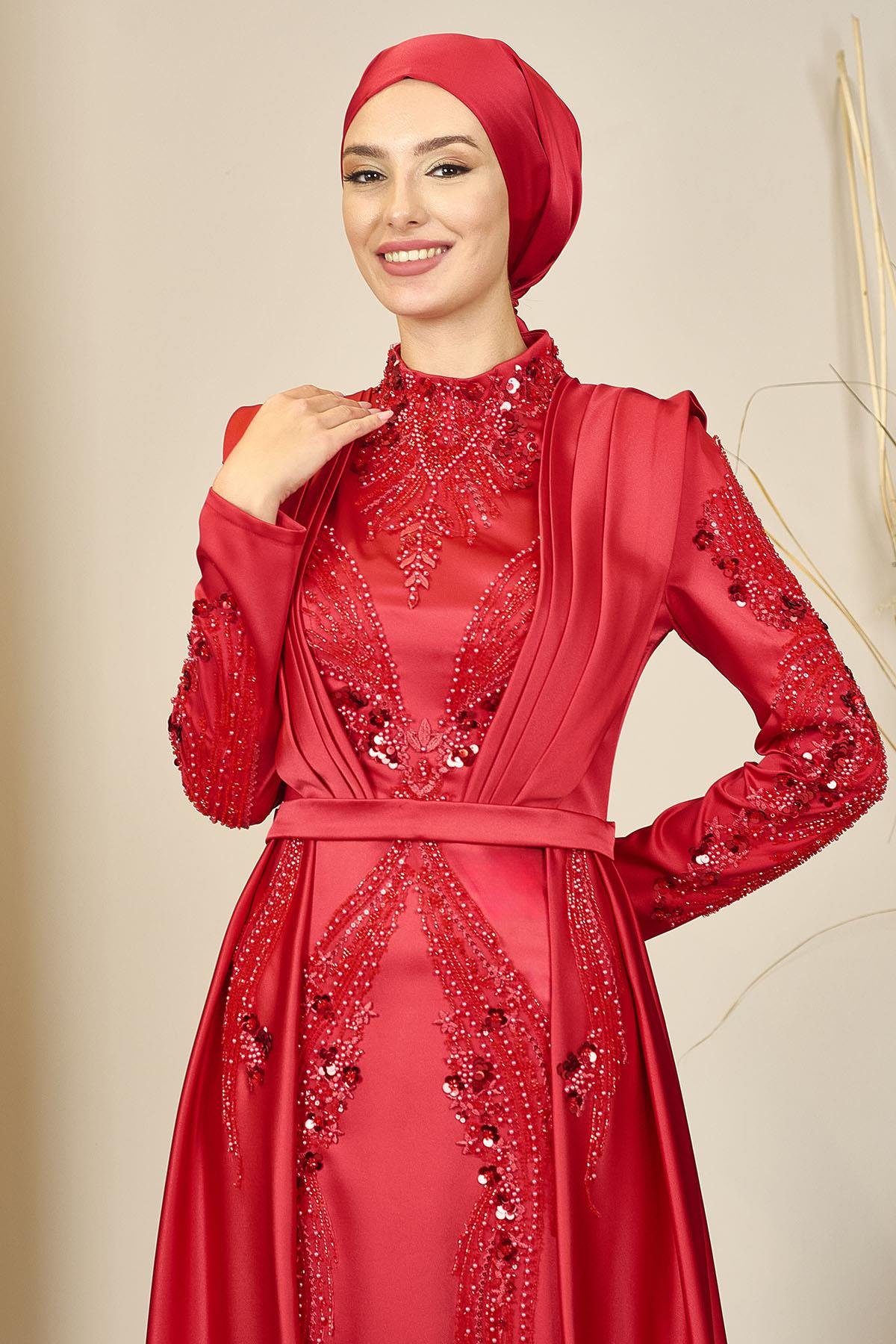 Önü Drapeli Kuyruklu Boncuk İşlemeli Miranda Abiye Kırmızı