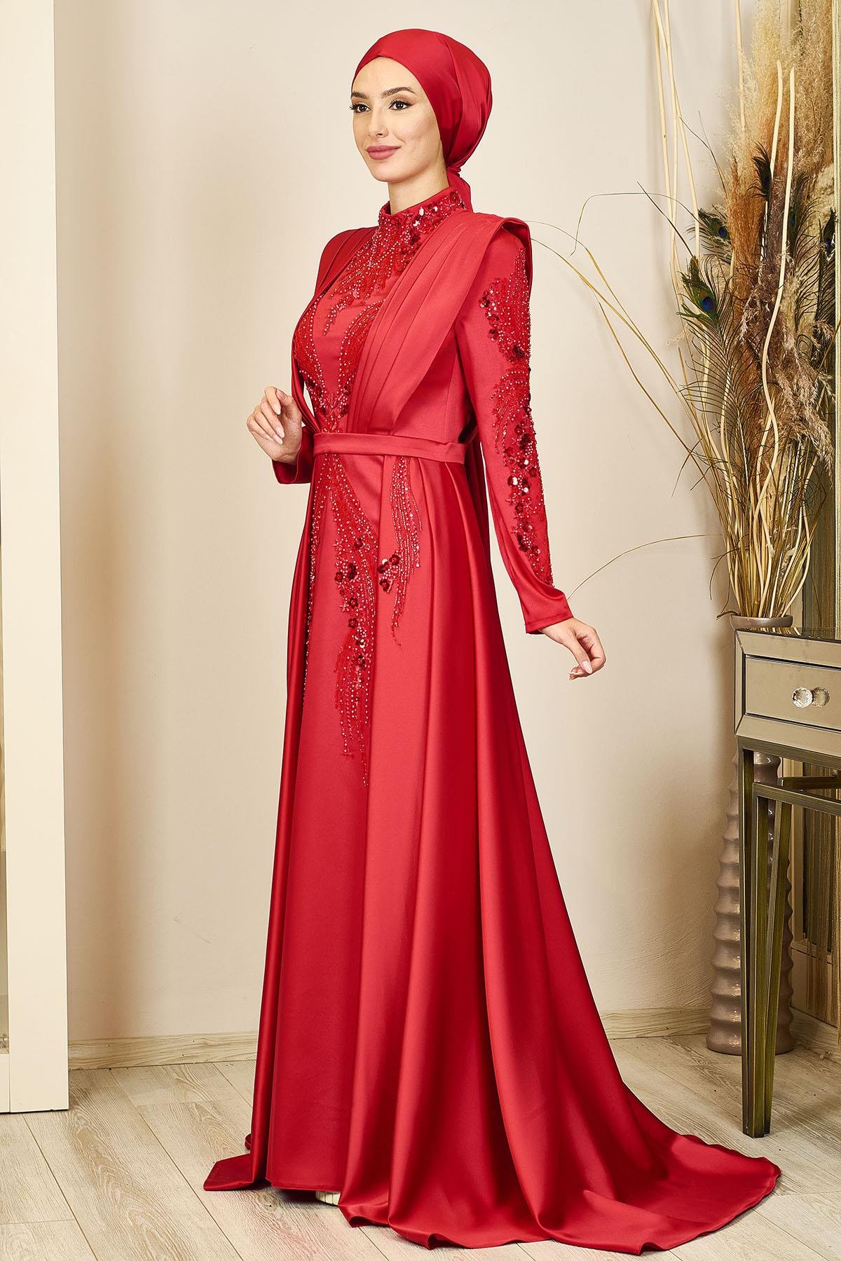 Önü Drapeli Kuyruklu Boncuk İşlemeli Miranda Abiye Kırmızı